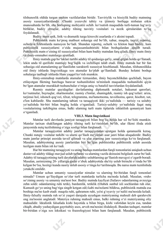 otativ funksiyasini o‘rganadi. boshqacha aytganda, lingvopoetika badiiy nutqni o‘rganuvchi tilshunoslikning bo‘limidir. viii.2. tilning badiiy-estetik funksiyasi va unda adabiyotning o’rni badiiy nutq badiiy adabiyotning bayon qilish vositasi sanaladi. filologiya tarixida badiiy asar tili va poetik til atamalari tez-tez uchrab turadi. bu atamalar ifodalagan tushunchalar bir-biriga juda yaqin tursa ham, lekin o‘zaro ma'lum jihatlari bilan farq qiladi. amalda keng kamrovli ob'ektning ayrim fragmentlarigina badiiy nutqning tahliliga beriladi. ana shunday asosiy fragment badiiy asar tili sanaladi. ko‘rinadiki, badiiy nutq, badiiy asar tiliga nisbatan kengroq tushunchadir. u tilning ekspressiv funksiyasini o‘z ichiga oladi. badiiy asar tili esa badiiy nutqning bir ko‘rinishi, bir fragmenti hisoblanadi. badiiy nutqni o‘rganuvchi lingvistik poetika ham til sistemasining barcha sath birliklarining badiiy-estetik funksiyasini qamrab oladi. fonetik-fonologik sathda fonetik birliklar ham badiiy-estetik vazifa bajarishi mumkin. xususan, bir xil tovushlarning, bir xil bo‘g‘inlarning takrorlanishi she'riyatda go‘zallikni, ta'sirchanlikni ta'minlovchi vosita sanaladi. shuningdek, gap bo‘laklarning o‘rinlashishi, gap tarkibida bir xil bo‘laklarning takrorlanishi kabi hodisalar …