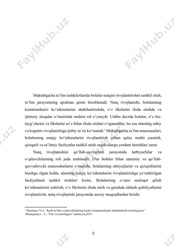 a yo‘naltirilgan faoliyatlarni tashkil etishlari lozim. bolalarning o‘zaro muloqot qilish ko‘nikmalarini oshirish, o‘z fikrlarini ifoda etish va guruhda ishlash qobiliyatlarini rivojlantirish, nutq rivojlanishi jarayonida asosiy maqsadlardan biridir. shuningdek, ota-onalar bilan hamkorlik, bolalar nutqini rivojlantirishda muhim ahamiyatga ega. ota-onalar, bolalarining nutqiy ko‘nikmalarini rivojlantirishda o‘qituvchilar bilan yaqindan hamkorlik qilib, ularning uyda muloqot qilishlariga, yangi so‘zlar o‘rganishlariga va o‘z fikrlarini ifoda etishlariga yordam berishlari zarur. bu jarayon, bolalarning ta’lim jarayonida ota-onalarning ishtirokini oshirishga yordam beradi va ularning nutq rivojlanishini qo‘llab-quvvatlaydi. nutq rivojlanishini tashkil etishda, bolalarning individual xususiyatlarini hisobga olish, ularning qiziqishlari va ehtiyojlariga mos faoliyatlarni tanlash zarur. har bir bola o‘ziga xos, shuning uchun ularning rivojlanishiga individual yondashuvni amalga oshirish, samarali natijalarga erishish uchun muhimdir. maktabgacha ta’lim tashkilotlarida bolalar nutqini rivojlantirishni tashkil etish, nafaqat ularning ta’lim jarayoniga, balki ijtimoiy hayotga integratsiyasiga ham ijobiy ta’sir ko‘rsatadi. shunday qilib, bolalar nutqi rivojlanishi jarayonida tashkil etish, ta’lim muassasalarining asosiy vazifalaridan biridir. kurs ishining maqsadi:maktabgacha ta’lim tashkilotlarida …