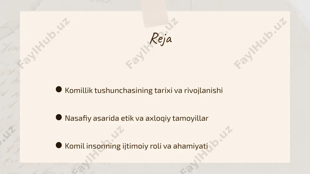 ishishga undaydi. komillik, insonning o'z-o'zini rivojlantirish, bilim olish va o'ziga ishonch hosil qilishda muhim rol o'ynaydi. bunday yondashuvlar nafaqat shaxsiy hayotda, balki jamiyatda ham ijobiy o'zgarishlarga olib keladi. misol uchun, muvaffaqiyatli insonlar o'zlarining maqsadlariga erishish uchun o'zlarini doimiy ravishda takomillashtiradilar. shunday qilib, komillik tushunchasi zamonaviy jamiyatda ahamiyatli va zarurdir. photo by cas holmes on unsplash nasafiy asarida etik tamoyillari nasafiy asarlarida etik tamoyillari insonning ma'naviy kamolotini ta'minlashda muhim ahamiyatga ega. bu tamoyillar orasida: 1) adolat - insonlar o'rtasida tenglik va adolatni ta'minlash, 2) halollik - har qanday ishda to'g'rilik va ochiqlikni saqlash, 3) sadoqat - o'z vataniga, oila va yaqinlarga sadoqat ko'rsatish, 4) mehr-oqibat - boshqalarga yordam berish va ularga nisbatan mehribonlik ko'rsatish. nasafiy bu tamoyillarni o'z asarlarida chuqur ifodalagan va ularni hayotda qo'llashga chaqirgan. photo by ana frantz on unsplash axloqiy tamoyillar va ularning ahamiyati axloqiy tamoyillar insoniyatning rivojlanishi va jamiyatning barqarorligi uchun muhimdir. ular, odatda, insonning ideal muvozanatini …