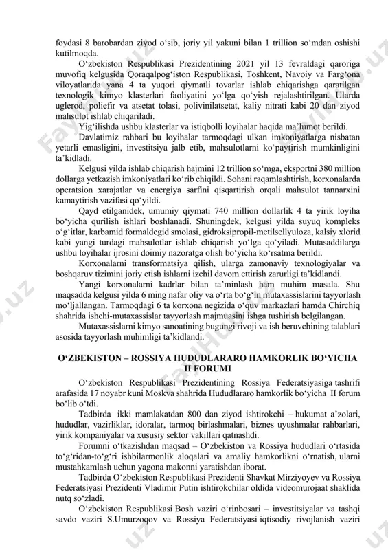 tidan takomillashtirish bo‘yicha tavsiyalar berdi. o‘zbekiston va qozog‘iston yetakchilari ikki tomonlama hamkorlikni kengaytirish istiqbollarini muhokama qildilar o‘zbekiston respublikasi prezidenti shavkat mirziyoyev 17 noyabr kuni qozog‘iston respublikasi prezidenti qasim-jomart toqayev bilan telefon orqali muloqot qildi. o‘zbekiston-qozog‘iston strategik sherilik munosabatlarini yanada rivojlantirish va ko‘p qirrali hamkorlikni kengaytirishning dolzarb masalalari ko‘rib chiqildi. amaliy hamkorlikni ilgari surish, eng avvalo, ikki tomonlama tovar ayirboshlash hajmini oshirish, mashinasozlik, energetika, qishloq xo‘jaligi, transport va logistika, farmatsevtika, to‘qimachilik va oziq-ovqat sanoati, boshqa ustuvor yo‘nalishlarda uzoq muddatli kooperatsiya loyihalarini tayyorlash va amalga oshirish masalalariga alohida e’tibor qaratildi. bundan tashqari, hududlararo aloqalar va madaniy-gumanitar almashinuvni faollashtirish muhim ekani qayd etildi. ikki mamlakat hukumatlari tomonidan o‘zaro manfaatli hamkorlikning yangi yo‘nalishlari va aniq dasturlari ishlab chiqilishi yuzasidan kelishuvga erishildi. davlat rahbarlari bo‘lajak oliy darajadagi uchrashuvlar rejasini ham ko‘rib chiqdilar. kimyo sanoatidagi istiqbolli loyihalar ko‘rib chiqildi prezident shavkat mirziyoyev 17 noyabr kuni kimyo sanoatida amalga oshirilayotgan ishlar tahlili va yangi loyihalar muhokamasi yuzasidan …
