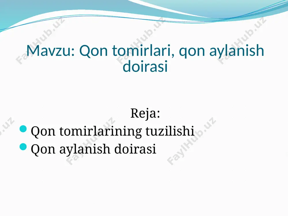 elib quyiladi. yirik venalarda joylashgan klapanlar qonni orqaga qaytishga yo‘l qo‘ymaydi. shu sababdan qon yurak tomonga oqadi. kichik qon aylanish doirasi o‘ng qorinchadan chiqadigan o‘pka arteriyasidan boshlanadi. yurak qisqarganida o‘ng qorinchadagi qon o‘pka arteriyasiga chiqariladi. o‘pka arteriyasi ikkiga tarmoqlanib, chap va o‘ng o‘pkalarga boradi. o‘pkalarda arteriyalar kapillarlarga tarmoqlanadi. kapillarlar o‘pkadagi mayda havo pufakchalari - alveolalami o‘rab oladi. qon kapillarlar orqali oqib o'tayotganida undagi karbonat angidrid alveolalarga, kislorod alveolalar havosidan qonga o‘tadi. kislorodga to'yingan qon arteriya qoni deyiladi. kapillarlar o‘zaro ketma-ket birlashib, to'rtta o‘pka venasini hosil qiladi. bu venalar orqali arteriya qoni yurakning chap bo‘lmasiga oqib keladi. e`tiboringiz uchun rahmat! image2.png image3.jpeg image4.jpeg image5.jpeg image6.jpeg image7.png image8.jpeg image9.jpeg image10.jpeg