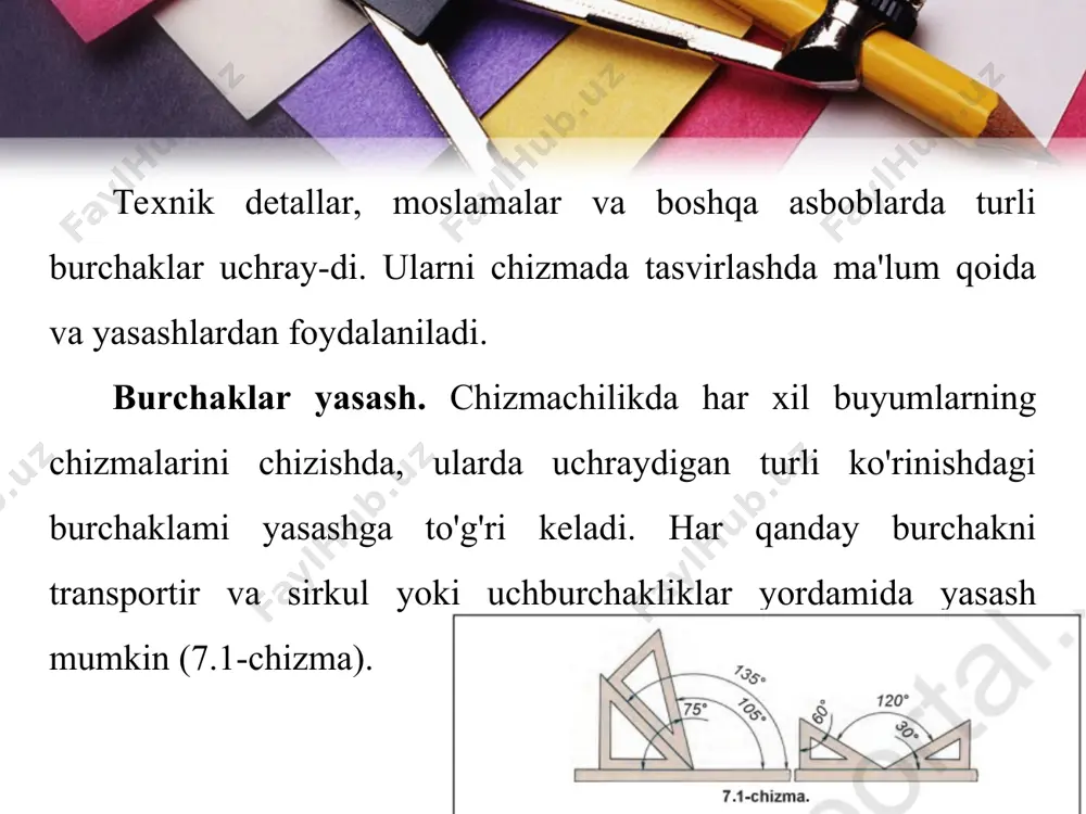aro ketma-ket tutashtirilsa, muntazam ko'pburchaklar hosil bo'ladi (7.6-chizma, e, f). aylanani teng uch bo'lakka bo'lish. aylanani sirkul yordamida o'zaro teng uch, olti, o'n ikki qismlarga bo'lishda to'g'ri burchakni teng uch bo'lakka bo'lishdagi usuldan foydalaniladi. aylanani teng uch bo'lakka bo'lishda uning markazi orqali vertikal markaz chizig'i o'tkaziladi. bu chiziqning aylana bilan kesishayotgan a nuqtasi orqali sirkulda aylana radiusiga teng r yoy bilan aylana ikki nuqtada kesishtiriladi (7.7-chizma, a). shunda aylana teng uch bo'lakka bo'linadi. vertikal markaz chizig'idagi 1- va aniqlangan 2-, 3-nuqtalar o'zaro tutashtirilsa, muntazam uchburchak yasaladi (7.7-chizma, b). aylanani teng olti bo'lakka bo'lish. bu aylanani teng uchga bo'lishning davomi hisoblanadi. eng oldin aylana teng uchga bo'lib olinadi (7.8-chizma, a). so'ngra radiusni o'zgartirmasdan 7-nuqtadan yoy chiziladi. shunda aylana teng olti bo'lakka bo'linadi (7.8-chizma, a). topilgan barcha nuqtalar ketma-ket o'zaro tutashtirilsa, muntazam oltiburchak hosil bo'ladi (7.8-chizma, b). aylanani teng o'n ikki bo'lakka bo'lish. buning uchun aylana dastlab teng olti bo'lakka bo'lib olinadi …