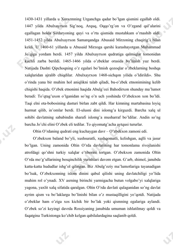 and bo’yli, xushsuratli, xushqomatli, kelishgan, aqlli va jasur bo’lgan. uning zamonida oltin o’rda davlatining har tomonlama rivojlanishi atrofdagi qo’shni turkiy xalqlar e’tiborini tortgan. o’zbekxon zamonida oltin o’rda mo’g’ullarining bosqinchilik yurishlari davom etgan. g’arb, shimol, janubda katta-katta hududlar ishg’ol qilingan. biz abulg’oziy ma’lumotlariga tayanadigan bo’lsak, o’zbekxonning islom dinini qabul qilishi uning davlatchiligi yo’lida muhim rol o’ynadi. xv asrning birinchi yarmigacha butun volgabo’yi xalqlariga yagona, yaxlit xalq sifatida qaralgan. oltin o’rda davlati qulaganidan so’ng davlat ayrim qism va bo’laklarga bo’linishi bilan o’z mustaqilligini yo’qotdi. natijada o’zbeklar ham o’ziga xos kichik bir bo’lak yoki qismning egalariga aylandi. o’zbek so’zi keyingi davrda rossiyaning janubida umuman ishlatilmay qoldi va faqatgina turkistonga ko’chib kelgan qabilalardagina saqlanib qoldi. «tarixi arba’ ulus» da (ulug’bek) o’zbekxon o’zbek eliga podshoh bo’ldi, deyiladi. so’ngra 720/1320 yilda sayyid otaning sa’y-harakatlari bilan dashti qipchoq aholisi musulmon dinini qabul qildilar. islom dinini qabul qilganlarni o’zbeklar, qabul qilmaganlarni esa qalmiqlar (qolmoq fe’lidan) deb atay boshladilar. …