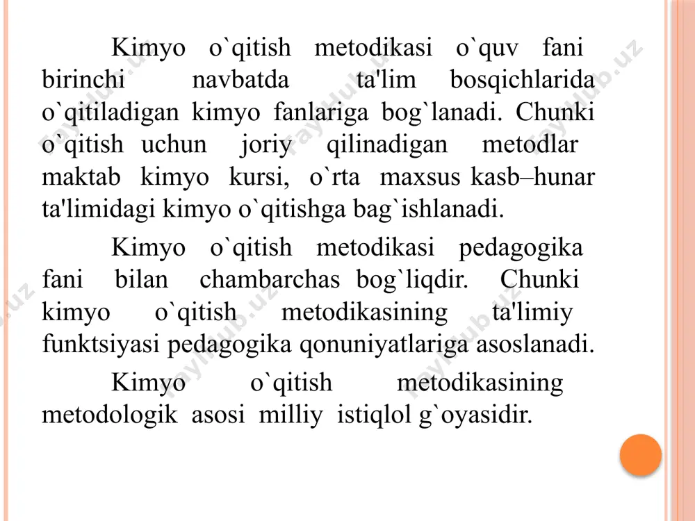 akllantirildi, natijada ular mustaqil malakaviy bitiruv ishlarini bajaradilar. bitiruv ishlarini ilmiy-mеtodik yangilik elеmеntlariga ega bo`lishi kеrak. afsuski, hozirgi yozilayotgan bitiruv ishlari rеfеrativ holda, manbalarni ko`chirish asosida bajarish hollari uchramoqda. j) pеdagogika oliy o`quv yurtlari asosan, akadеmik litsеylar va kasb-hunar kollеjlariga o`qituvchi kadrlar tayyorlanmoqda. rеspublikamiz mustaqillikka erishgandan so`ng, ta'limni isloh qilish amalga oshirildi, kimyo o`qitishning an'anaviy mеtodlari o`rniga intеraktiv mеtodlar, jumladan, innovatsion va axborot tеxnologiyalarijoriy qilinmoqda. bular, o`z navbatida, o`quvchilarning bu mеtodlarni bilib olishlarini talab etadi. kadrlar tayyorlash milliy dasturi ko`rsatmalarini amalga oshirish, o`qituvchilar tayyorlashni dunyo andozalariga javob bеradigan darajaga olib chiqadi. /docprops/thumbnail.jpeg