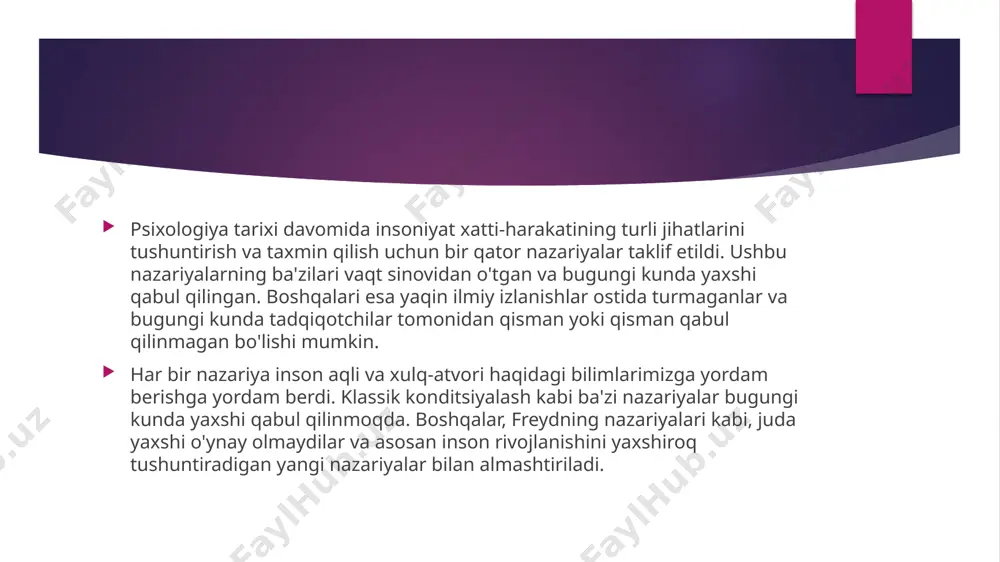 ejalashtiriladi, o`rganilayotgan narsa bilan uzviy bog`liq savol-javob tartibi tayyorlanadi. suhbat-ning bosh maqsadi muayyan bir vaziyat yoki muammoni hal qilish ja-rayonida inson psixikasidagi o`zgarishlarni o`rganishdir. suhbat or-qali odamlarning tafakkuri, akd-zakovati, xulq-atvori, qiziqishi, tiyrakligi, bilim saviyasi, e`tiqodi, dunyoqarashi, irodasi to`g`ri-sida ma`lumotlar olinadi. test metodi test (ing. test — sinash, tekshirish) (psixologiyada) — shaxsning aqliy taraqqiyoti, qobiliyati, irodaviy sifatlari, shuningdek, uning boshqa ruhiy xususiyatlarini tekshirishda qoʻllaniladigan qisqa standart mashklar. ijtimoiy amaliyotda t. odamning qanday kasbhunar egallashi mumkinligi, uning kasbga layoqati yoki layoqatsizligini, isteʼdodli yoki akli zaifligini aniqlashda, muayyan hamkorlikdagi faoliyatga shaxslarni saralashda keng qoʻllaniladi. uning yordamida tajribaning ilmiylik darajasi, kafolatligi, tekshiriluvlarning mahorati, qiziqishi, toʻplangan amaliy maʼlumotlarning haqqoniyligi, ishonchlilik koʻrsatkichi bir necha mezonlarga asoslanib taxlil qilinadi. e'tiboringiz uchun rahmat image2.jpg image1.jpeg image3.jfif