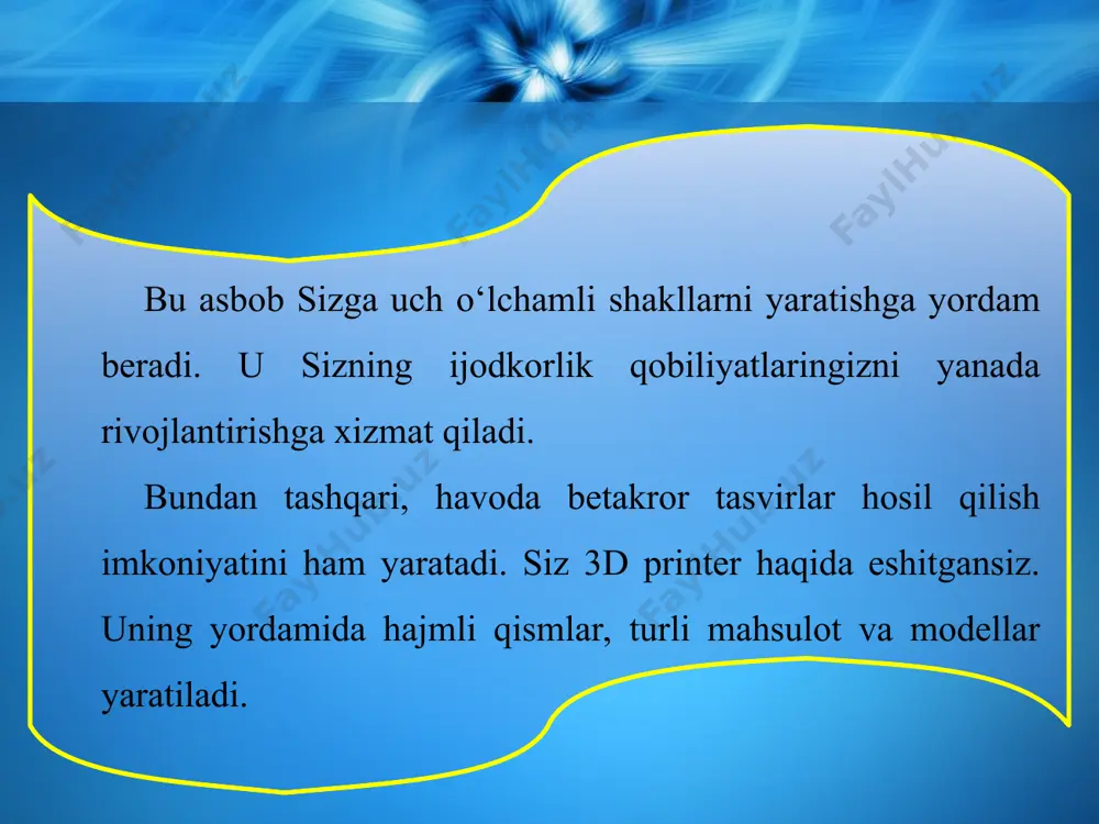 quvvat manbayi; 2 – yoqish va o‘chirish tugmasi; 3 – led ekran, 4 – tezlik darajalari; 5 – batareya; 6 – suyuq polimerli kartrij kapsulasi; 7 – ishlash rejimini boshqarish tugmasi; 8 – led yoritkichlar. sovuq 3d ruchka nomidan kо‘rinib turganidek, issiq 3d ruchkadan farq qiladigan prinsip asosida ishlaydi va unda isitish elementi yо‘q. bu ruchkaning issiq 3d ruchkadan yana bir farqli tomoni u batareya asosida 2 soatgacha va batareya tugagach, usb ulagichi orqali elektr tokiga ulab ham ishlashni davom ettirish mumkin. bunda ruchkaning о‘zi avtomatik ravishda batareya tugayotganligi va uni usb ulagichiga ulash kerakligi haqida xabar beradi. ruchkaning uchidagi led yoritkichlar chizish jarayonida plastmassaning qotib qolishini ta’minlaydi. bu ruchkada ishlatiladigan asosiy material suyuq polimerli kartrij kapsulasidir. sovuq 3d ruchkaning afzalliklariga issiq elementlarning yо‘qligi, simlarsiz batareya yordamida ishlashi, turli xil xususiyatlarga ega kо‘p sonli polimerlardan foydalanish imkoniyati mavjudligi, shovqinsiz ishlashi kabilar kirsa, kamchiliklariga ruchka va uning materiali tannarxining yuqoriligi kiradi. …