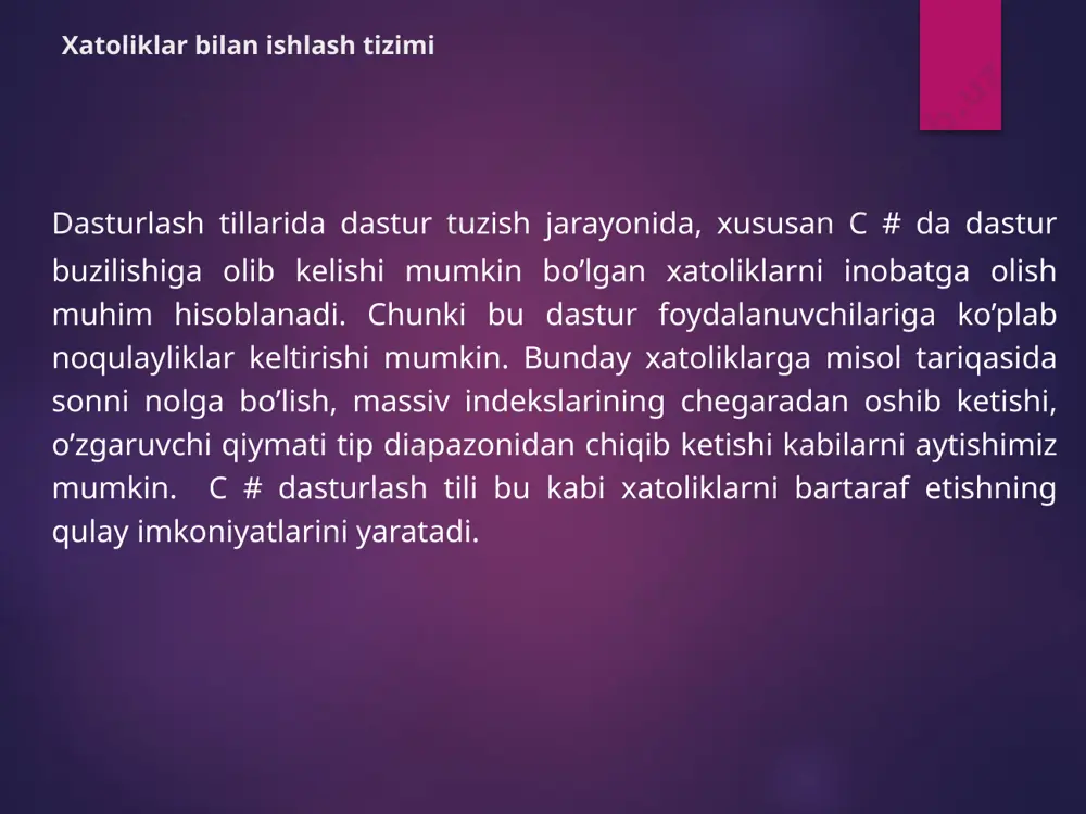 rce: xatolikga sabab bo'lgan ob'ekt nomini saqlaydi. stacktrace: xatolikka sabab bo’lgan ob’ektga yo’l ko’rsatadi. targetsite: xatolik mavjud bo’lgan bo'lgan metodni qaytaradi. standart istisno sinflari system.exception sinfi barcha istisno sinflari uchun asosiy sinf hisoblanadi. quyida sytem.exception sinfidan olingan ba'zi oldindan belgilangan standart xatoliklar keltirilgan: xatolik tavsifi system.io.ioexception kiritish-chiqarish bilan bog’liq xatoliklarni anglatadi. indexoutofrangeexception massiv indekslari bilan bog’liq xatoliklarni anglatadi. nullreferenceexception bo’sh ob'ektga murojaat qilishda yuzaga keladigan xatolarni anglatadi. dividebyzeroexception sonni nolga bo'lishdan kelib chiqadigan xatolarni anglatadi. standart istisno sinflari xatolik tavsifi notsupportedexception fayl nomiga uni qo’llab quvvatlamaydigan qurilma ko’rsatilganligini anglatadi. filenotfoundexception fayl mavjud emasligini anglatadi. directorynotfoundexception fayl yoki katalogning bir qismi topilmaganda tashlanadigan istisno. exception barcha turdagi xatoliklarni bartaraf etish . misol. using system; using system.io; namespace dastur_2 { class program { public static void main(string[] args) { try{ directory.move(@"\talaba",@"\kitob");//c diskdagi talaba fayli nomini kitobga o'zgartirish. } catch(directorynotfoundexception e)//fayl topilmagandagi xatolikni aniqlash. { console.writeline("message: "+e.message); console.writeline("targetsite: "+e.targetsite); console.writeline("stacktrace: "+e.stacktrace); } console.readkey(true); …