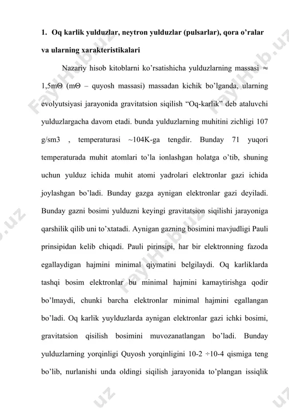 . neytron yulduzlar va ularning xarakteristikalari hisob kitoblarning ko’rsatichicha massasi m~25mθ bo’lgan yulduzning o’ta yangi portlashida undan massasi ~1,6mθ bo’lgan neytronli yadro (yulduz) qoladi. massasi m>1,4mθ bo’lgan va o’ta yangi portlash stadiyasiga yetmagan yulduzlarda ham aynigan elektronli gazning bosimi gravitatsion kuchlarni muvozanatlay olmaydi, shuning uchun yulduz yadro zichligi holatigacha siqiladi. bunday gravitatsion kollaps mexanizmi o’ta yangi portlashda qolgan yadroyulduzni siqilishi kabi bo’ladi. yulduz ichida bosim va temperatura shu darajada katta bo’ladiki natijada elektronlar va protonlar bir-birini ichiga kirib ketadi va quyidagi p ( e ( ( ( ( e ( reaksiyasi natijasida neytrinolar tashlab yuborilgandan keyin, neytronlar qoladi. bunday neytronlar elektronlarga ko’ra yana kichik fazoviy hajmini egallagan bo’ladi. natijada neytronli yulduz hosil bo’ladi. bunday neytronli yulduzning xarakterli radiusi 10-18 km-ga teng bo’ladi. qandaydir ma’noda neytronli yulduz gigant atom yadrosidan iborat bo’ladi. neytronli yulduzlarda yadro materiyasining bosimi gravitatsion kuchlarning keyingi bosimini muvozanatlaydi. bu holatdagi bosim ham aynigan gaz bosimi bo’lib, oq …