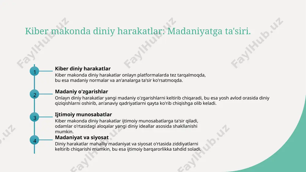 ilimni oshirish imkonini yaratadi. 04 ijtimoiy barqarorlik ijtimoiy barqarorlikni saqlash uchun, onlayn missiyachilik faoliyatini nazorat qilish zarur. bu, diniy ekstremizm va radikalizmdan saqlanishga yordam beradi. ijtimoiy tarmoqlar va diniy propagandaning ta'siri: o'zbekiston misolida. 01 ijtimoiy tarmoqlar ta'siri o'zbekistonda ijtimoiy tarmoqlar diniy propagandani tarqatishda muhim rol o'ynaydi, ko'plab insonlar ulardan ma'lumot olish uchun foydalanadi. 02 diniy guruhlar faoliyati ijtimoiy tarmoqlarda diniy guruhlar o'z g'oyalarini yoyish va yangi a'zolarni jalb qilish uchun faol ishlaydi, bu esa madaniy o'zgarishlarga olib kelishi mumkin. 03 yoshlar va diniy ta'sir yosh avlod ijtimoiy tarmoqlarda diniy mazmundagi kontentga tezda ta'sirlanadi, bu esa ularning e'tiqod va hayot tarziga o'zgarishlar kiritishi mumkin. 04 diniy radikalizm xavfi onlayn diniy propaganda radikal fikrlarni tarqatishga yordam beradi, bu o'zbekistonda ijtimoiy va siyosiy barqarorlikka tahdid solishi mumkin. o'zbekistonda onlayn diniy harakatlar va siyosiy xavflar: tahlil va prognozlar. 1 onlayn diniy harakatlar - o'zbekistonda onlayn diniy harakatlar, asosan, ijtimoiy tarmoqlarda faoliyat yuritadi. ular yangi …