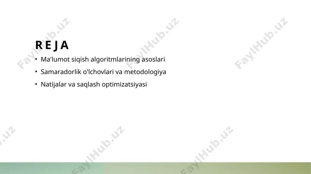 u usullar siqish jarayonida yuqori aniqlikni ta'minlaydi. ma'lumot siqish algoritmlarining samaradorlik o'lchovlari: asosiy ko'rsatkichlar. 1 siqish nisbati siqish nisbati, siqilgan ma'lumot hajmining asl hajmga nisbati sifatida aniqlanadi. bu ko'rsatkich siqish samaradorligini baholashda muhim ahamiyatga ega. 2 ma'lumot yo'qotish ma'lumot siqish jarayonida yo'qotish darajasi siqish algoritmlarining sifatini belgilaydi. yo'qotishsiz siqish metodlari ma'lumotlarni to'liq saqlaydi, lekin samaradorlikni kamaytirishi mumkin. 3 vaqt samaradorligi vaqt samaradorligi, siqish algoritmining ishga tushirish vaqti hisoblanadi. tezkor algoritmlar, katta hajmdagi ma'lumotlar bilan ishlashda muhim ahamiyatga ega. samaradorlikni baholash metodologiyasi: statistik va hisoblash usullari. 1 statistika usullari statistik usullar ma'lumotlar tahlilida muhim rol o'ynaydi. ular siqish samaradorligini baholashda o'lchovlar va ko'rsatkichlarni aniqlashda qo'llaniladi. 2 hisoblash metodlari hisoblash metodlari algoritmlarning samaradorligini baholashda kompyuter simulyatsiyalarini va analitik usullarni o'z ichiga oladi, bu esa natijalarni tez va aniq olish imkonini beradi. 3 natijalarni taqqoslash natijalarni taqqoslash algoritmlar samaradorligini baholashda muhimdir. bu jarayon turli algoritmlarning ishlashini solishtirish va eng yaxshisini tanlash imkonini beradi. …