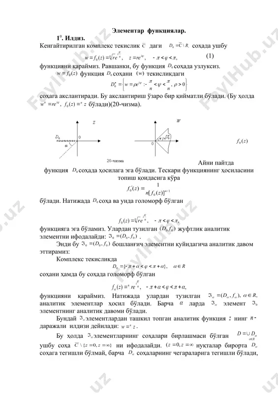 ада ушбу (1) функцияни қараймиз. равшанки, бу функция соҳада узлуксиз. функция соҳани текисликдаги соҳага акслантиради. бу акслантириш ўзаро бир қийматли бўлади. (бу ҳолда бўлади)(20-чизма). айни пайтда функция соҳада ҳосилага эга бўлади. тескари функциянинг ҳосиласини топиш қоидасига кўра бўлади. натижада соҳа ва унда голоморф бўлган функцияга эга бўламиз. улардан тузилган жуфтлик аналитик элементни ифодалайди: . энди бу бошланғич элементни қуйидагича аналитик давом эттирамиз: комплекс текисликда соҳани ҳамда бу соҳада голоморф бўлган функцияни қараймиз. натижада улардан тузилган аналитик элементлар ҳосил бўлади. барча ларда элемент элементнинг аналитик давоми бўлади. бундай элементлардан ташкил топган аналитик функция нинг даражали илдизи дейилади: . бу ҳолда элементларнинг соҳалари бирлашмаси бўлган ушбу соҳа ни ифодалайди. нуқталар бирорта соҳага тегишли бўлмай, барча соҳаларнинг чегараларига тегишли бўлади, бу нуқталар аналитик функция учун тартибли тармоқланиш нуқтаси бўлади). келтирилган аналитик функцияни каноник элементлар ёрдамида ҳам аниқлаш мумкин. маркази нуқтада, радиуси 1 га тенг бўлган доира ни оламиз(21-чизма) бу доирадаги оралиқда, яъни да …