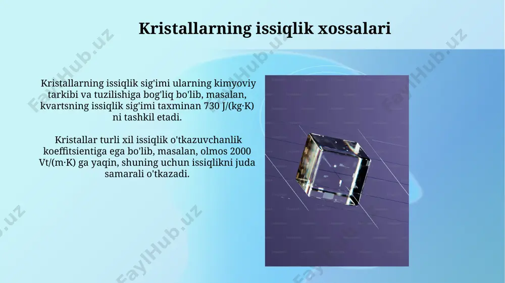 zilishi tufayli egiluvchanroqdir. kristallarning qattiqligi mohs shkalasi bo'yicha o'lchanadi va u 1 dan 10 gacha bo'lgan qiymatlarni oladi; olmos 10 ballga ega bo'lib, eng qattiq mineral hisoblanadi, boshqa kristallar esa turli qiymatlarga ega. kristallarning o'lchamlari va shakllari kubik, prizmatik, piramidal kabi geometrik shakllar kristallarning asosiy turlarini ifodalaydi, ammo murakkab shakllar ham mavjud bo'lib, ularning simmetriyasi kristall panjarasining tuzilishi bilan belgilanadi. taxminan 70% tabiiy kristallar nosimmetrik bo'lib, ularning o'sish jarayonidagi nuqsonlar yoki qo'shimchalar tufayli ideal geometrik shakllarga ega emaslar. kristall panjaralarining buzilishi kristall panjaralarning buzilishi, 10-20% gacha bo'lgan nuqsonli kristall tuzilmalari bilan bog'liq bo'lib, bu mexanik kuchlanish yoki yuqori harorat ta'siriga bog'liq. rentgen difraktometriyasi yordamida kristall panjaralarining buzilish darajasini aniqlash mumkin, bu erda piklarning kengayishi va intensivligining pasayishi 2-5% gacha o'zgarishi kuzatiladi. e'tiboringiz uchun rahmat @taqdimot_robot image2.jpg image3.jpg image4.jpg image5.jpg image6.jpg image7.jpg image8.jpg image9.jpg image10.jpg image11.jpg image12.jpg image13.jpg image14.jpg image15.jpg image16.jpg image17.jpg image18.jpg image1.png