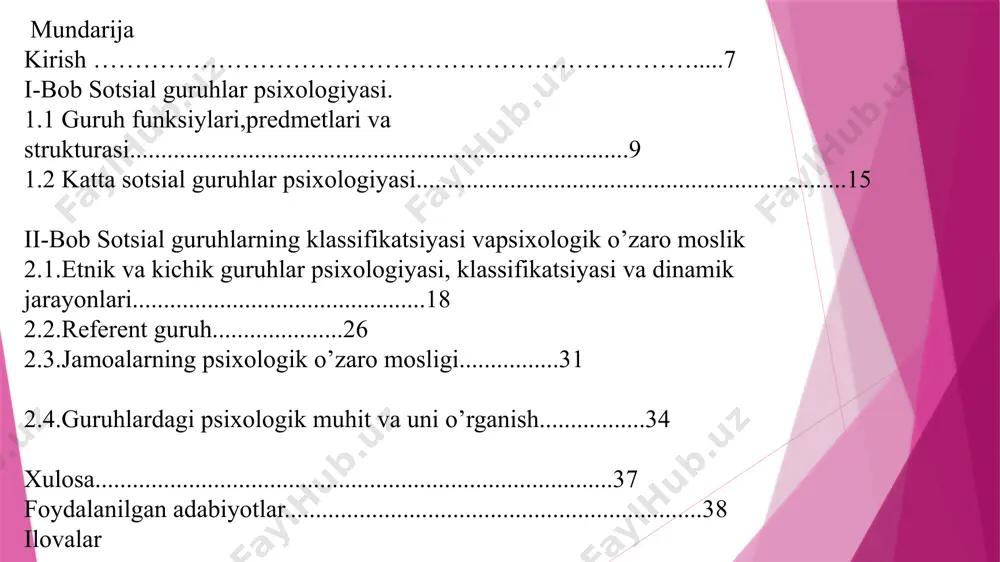 haxsni o’rganmasdan turib psixologiyani o’rganish mumkin emas. mustakillikka erishgan o’zbekistonda kelajagi buyuk davlat qurayotgan ekanmiz, uning faol quruvchisi bulgan shaxsning psixologiyasi masalalarini o’rganish va ishlab chikish g’oyat katta axamiyatga egadir. bu masalani o’rganish yangi kishini kamol toptirish nazariyasi va praktikasi ilmiy jixatdan ishlab chiqishda muhim oʻrin tutadi. har bir shaxs o‘z faoliyatini turli guruhlar sharoitida yoki turli guruhlar ta’sirida amalga oshiradi. chunki, jamiyatdan chetda qolgan yoki insonlar guruhiga umuman qo‘shilmaydigan individning o‘zi yo‘q, kishi jamiyatda yashar ekan, u doimo turli insonlar bilan muloqotda, o‘zaro ta’sirda bo‘ladi, bu muloqot jarayonlari esa doimo kishilar guruhida ro‘y beradi. shuning uchun ham guruhlar muammosi, uni o‘rganish va guruhlarning shakllanishiga oid ilmiy xulosalar chiqarish sotsial psixologiyaning asosiy mavzularidan va muammolaridan biridir. psixologik ma’noda guruh bu umumiy belgilar, umumiy faoliyat, muloqot hamda umumiy maqsad asosida birlashgan kishilar uyushmasidir. demak, olimlar guruhi tashkil topishi uchun albatta qandaydir umumiy maqsad yoki tilaklar, umumiy belgilar bo‘lishi shart. masalan, talabalar …