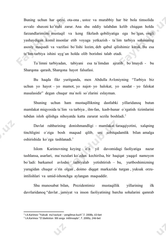 ing barcha sohalarini qamrab oladigan kadrlar tayyorlash milliy dasturini ishlab chiqish to`g`isida aniq topshiriq berdi.” milliy dasturdan ko`zlangan maqsad va vazifalarni to`la amalga oshishi birlamchi navbatda, mamlakatdagi ijtimoiy-siyosiy muhitning yanada yaxshilanishiga olib keladi, jamiyatda yangi shaxs-komil insonlar vujudga keladi.ular zamon talablariga javob beradigan, vatanparvar, chuqur tafakkurga ega, o`z diyorining buyukligini ta`minlashga qodir insonlar bo`lib yetishadilar. ikkinchidan, kadrlar tayyorlash milliy dasturining kishilik jamiyatida oz` o`rnini topish jarayonini tezlashtiradi. zero, har bir inson o`smirlik, ya`ni voyaga yetish arafasidayoq jamiyatda o`z o`rnini topa olish va belgilay bilishi lozim. uchinchidan, milliy dasturning amalga oshirilishi jamiyatda mustaqil fikrlaydigan shaxsning shakllanishiga olib keladi. bunday shaxslarning ko`payishi jamiyatda ongli hayot kechirish tizimini vujudga keltiradi. to`rtinchidan, o`zbekiston xalqi o`z oldiga haqiqiy demokratik jamiyat qurish maqsadini qo`ygan. bu yo`lda birinchi, lekin juda muhim qadam qo`yilgan. kadrlar tayyorlash milliy dasturining hayotga tadbiq etilishi xalqaro hamjamiyatda o`z o`rnimizni mustahkamlashga olib keladi. negaki dunyoning bugungi rivoji shunday bir mavqedaki, hal qiluvchi omil …