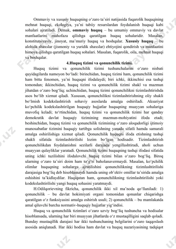 di. uning asosiy belgisi – ommaviy va xususiy huquq, markaziy vazifasi esa fuqarolik jamiyatidagi xususiy va umumiy (ommaviy) manfaatlarning eng maqbul nisbatini kafolatlashdir. ommaviy va xususiy manfaatlar barcha zamonlarda eng liberal demokratik jamiyatlardan tortib totalitar jamiyatlargacha mavjud bo‘lgan. xususiy va ommaviy manfaatlar nisbati, shu jumladan ommaviy va xususiy huquqning qo‘llanish darajasi konstitutsiyaviy, siyosiy, iqtisodiy tuzum, birinchi navbatda mulkka egalik qilishning shakli, shuningdek mulkning ba’zi shaxslarga tegishliligi yoki umumiy mulk bo‘lishi bilan bog‘liq. ommaviy va xususiy huquq bir-biridan yuridik xususiyati, ijtimoiy munosabatlarga ta’sir qilish usullari bilan farq qiladi. ommaviy huquq davlat qatnashgan munosabatlarni tartibga soladi. bu esa imperativ normalar orqali amalga oshadi. ommaviy huquq jamiyatni boshqarish, davlat iqtisodiyotini tashkil qilish, aholini ijtimoiy muhofaza etish, shuningdek fuqarolarning hayoti, sog‘lig‘i hamda umumiy va xususiy mulklarini himoya qilishga xizmat qiladi. xususiy huquq esa davlat qatnashmaydigan ijtimoiy munosabatlarni tartibga soladi. huquqning bu turida sub’ektlar o‘rtasidagi munosabat muvofiqlashtirish va avtonom usulda amalga oshiriladi. xususiy huquqda normalar …