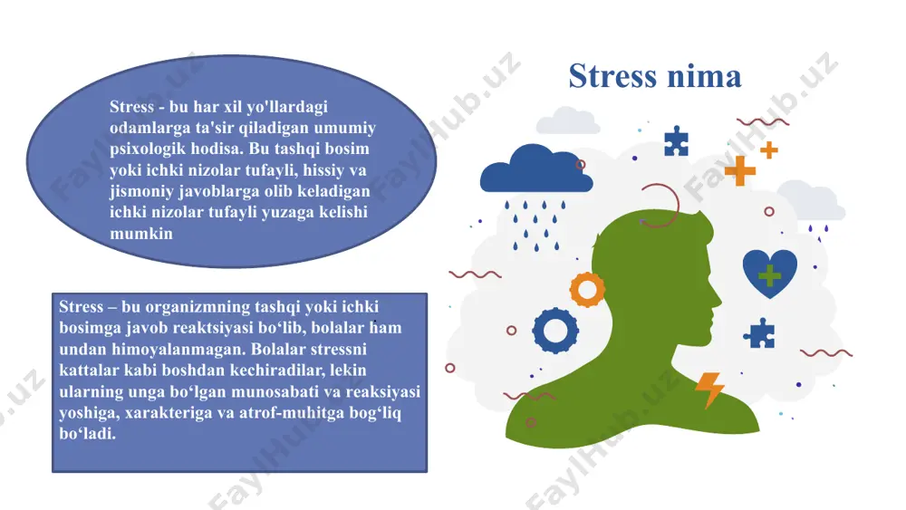 rish stressni samarali boshqarishda muhim ahamiyatga ega. 3 1 2 stressli bolalarni qo'llab-quvvatlashda ota-onalarning roli muammolarni birgalikda hal qilish - ota-onalar o'zlarining stressli bolalarini qo'llab-quvvatlashda muhim rol o'ynaydilar, ular bolalar o'zlarining his-tuyg'ulari va qo'rquvlarini ifoda etishlari uchun xavfsiz va tarbiyalanuvchi muhitni yaratadilar. emotsional qo‘llab-quvvatlash - farzandlarini faol tinglash, xotirjamlikni taklif qilish va stress omillarini yengillashtirish uchun amaliy yechimlarni taklif qilish orqali ota-onalar bolalarga sog'lom kurashish mexanizmlari va chidamlilikni rivojlantirishga yordam berishi mumkin. ijobiy muhit yaratish - ochiq muloqotni rag'batlantirish, hissiy tartibga solish ko'nikmalarini o'rgatish va o'z-o'zini parvarish qilish amaliyotini modellashtirish ota-onalarning stressli bolalariga qiyinchiliklarni yengish va hissiy farovonlikni oshirishda yordam berishning asosiy usullaridir. 44 tushkunlikni kamaytirish – haddan tashqari bosim yoki mukammallikka intilishni talab qilish bolani stressga solishi mumkin. ularga xatolardan o‘rganish imkonini berish lozim. sog‘lom turmush tarzini rag‘batlantirish – to‘g‘ri ovqatlanish, yetarlicha uxlash va jismoniy faollik stressni kamaytirishga yordam beradi. 3 1 2 maktabdagi stress omillari va ularni qanday …