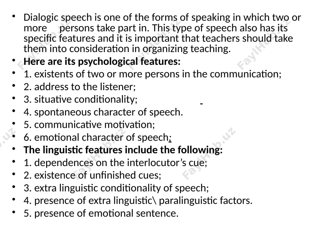 h the interlocuters are dependent on each others cue. besides this during the talk auding skills are also important and this depends on the way how the speaker speaks. in other words our understanding depends on the tempo, clearness, intonation of the speech and adequate use of mimes, gestures by the speakers. dialogic speech is spontaneous speech and is always dependent on the speech situation. teacher should be able to create speech situations which are specially worked out for teaching purposes and differentiate from natural speech situations. like monologic speech dialogic speech also has two functions: it is one of the forms of speech which can be used in getting and giving information; it is also one of the means of teaching english. there are different point of views in organizing teaching to monologic speech in the methodological literature. m. ya.demyanenko suggests to begin teaching to dialogic speech with questions …