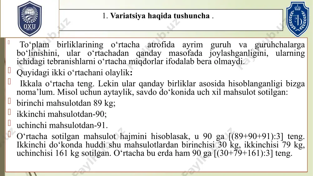 ’rtacha mutloq tafovut (d) alohida miqdorlar bilan ularning o’rtacha miqdorlari o’rtasidagi farqlarning to’plamdagi birliklar soni yig’indisiga bo’lgan nisbat natijasidir dispersiya alohida miqdorlar bilan ularning o’rtacha miqdori o’rtasidagi farqlar kvadratining to’plamdagi birliklar soni yig’indisiga bo’lgan nisbat natijasidir. agar dispersiya kvadrat ildizdan chiqarsak , u holda o’zgaruvchanlikning haqiqiy darajasi kelib chiqadi. bu ko’rsatkich o’rtacha kvadratik tafovut deb ataladi. hamda quyidagicha belgilanadi (σ). o’rtacha kvadratik chetlanishni aniqlash ish normasini bajarganlar bo’yicha guruhar, % sotuvchilar soni, (f) intervalning o’rtacha qiymati, х хf х − х ( х − х )2 ( х − х )2 f 90-100 28 100-110 48 110-120 20 120-130 4 жами 100 - variatsiya koeffitsienti (υ) o’rtacha kvadratik tafovutni (σ) o’rtacha miqdorda bo’lgan nisbat natijasiga teng. bu koeffitsientiqiymati, agar 0 bilan 100 orasida yotadi. u 0 ga qancha yaqin tursa , o’zgaruvchanlik shuncha kuchsizligidan va qanchalik 100 ga yaqinlashsa shunchalik o’zgaruvchanlikning kuchligidan dalolat beradi e’tiboringiz uchun rahmat. image1.png image2.png image3.jpg …