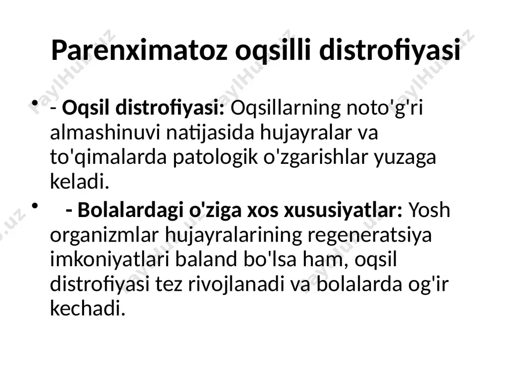 ezdir. bu tirozinning ortiqcha miqdorida to‘planishining oldini olishga yordam beradi. - nitisinon (orfadin): ushbu dori i tip tirozinozni davolashda qo‘llaniladi va tirozinning parchalanishini boshqarishda yordam beradi. bu toksik metabolitlarning to‘planishini kamaytiradi. - jigar transplantatsiyasi: jigar yetishmovchiligi bo‘lgan holatlarda jigar transplantatsiyasi zarur bo‘lishi mumkin, ayniqsa i tip tirozinozda. fenilketonuriya (fku) — bu irsiy metabolik kasallik bo‘lib, u fenilalanin gidroksilaza fermentining yetishmovchiligi tufayli kelib chiqadi. bu ferment fenilalanin aminokislotasini tirozinga aylantirish uchun zarurdir. kasallik autosomal-retsessiv yo‘l bilan nasldan o‘tadi. patogenezi quyidagicha: 1. fenilalanin metabolizmi buzilishi: fenilalanin gidroksilaza fermenti yetishmovchiligi tufayli fenilalanin to‘g‘ri parchalanmaydi va tanada to‘planib qoladi. 2. fenilalanin miqdorining oshishi: qonda fenilalaninning ortiqcha miqdori fenilpiruvat, fenillaktat va fenilasetat kabi toksik moddalarga aylanishiga olib keladi. bu moddalar asosan siydikda chiqariladi, ammo to‘planishi markaziy asab tizimiga zarar yetkazishi mumkin. 3. markaziy asab tizimiga zarar: fenilalanin va uning toksik metabolitlari miya to‘qimalariga kirib, asab hujayralarining funksiyasini buzadi. bu asosan miyelin hosil bo‘lishining buzilishiga olib …