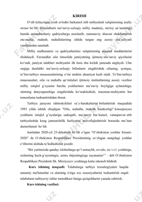 i prezidenti sh. mirziyoyev yoshlarga katta ishonch bildirdi. kurs ishining maqsadi: talabalarga tarbiya texnalogiyalari haqida umumiy ma'lumotlar va ularning o'ziga xos xususiyatlarini tushuntirish orqali talabalarni tarbiyaviy ishlar metodikasi faniga qiziqishlarini yanada oshirish. kurs ishining vazifasi: -bo‘lajak boshlang'ich ta'lim va sport tarbiyaviy ish o‘qituvchilarining - chizmachilik o'qitish metodikasi bo‘yicha kasbiy tayyorgarligi tizimi mazmunining nazariy va amaliy holatini o‘rganish va tahlil qilish; -talabalarga tarbiya texnalogiyalarini tasvirlashdagi o’ziga xos xususiyatlarni va ularning turlari haqida tushunchalar berish va takomillashtirish; - talabalarning mavzu yuzasidan bilim, ko'nikma va malakasini shakllantirish; -talabalarni zamonaviy pedagogik texnologiyalar asosida muammoli darslarni tashkil eta olish ko‘nikmasini shakllantirish. kurs ishining ob’yekti: oliy ta’lim tizimida “boshlang'ich ta'lim va sport tarbiyaviy ish” bakalavriyat ta’lim yo‘nalishi talabalariga tarbiya texnalogiyalari haqida ta’lim berish jarayoni. kurs ishining predmeti: bo‘lajak boshlang'ich ta'lim va sport tarbiyaviy ish o‘qituvchilarini tayyorlash bo‘yicha tahsil olayotgan talabalarning tarbiyaviy ishlar metodikasi ilmini egallash jarayonidagi ta’lim mazmuni va texnologiyasi. kurs ishining tuzilishi va tarkibi: kurs …