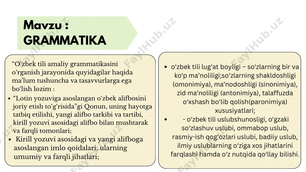 abalar bu fan orqali o‘zbek tilining boy leksik imkoniyatlaridan kengroq foydalanish, terminlarni tanlash, terminlar yaratish, boy tarixi, madaniyatidan xabardor bo‘libgina qolmasdan, ulardan unumli foydalanishni ham o‘rganadilar. ma’lumotlar grammatika (qadimgi yunoncha: γραμματική - grammatike, γράμμα - gramma soʻzidan — harf, yozish) — tilshunoslikning tilning grammatik tuzilishini, yaʼni soʻzlarning shaklga ega boʻlish qonuniyatlarini, shuningdek, soʻz birikmalari va gaplarni tuzish qonuniyatlarini oʻrganadigan boʻlimi. grammatika 2 qismdan — morfologiya va sintaksisdan iborat. morfologiyada soʻzning grammatik turkumlari va morfologik kategoriyalar, soʻz shakllari, sintaksisda esa soʻz shakllarining gap tarkibida oʻzaro birikish yoʻllari, gap va uning kategoriyalari, gapning tuzilish turlari bayon qilinadi. demak, grammatikada soʻz shakli, grammatik maʼno, grammatik shakl, grammatik kategoriya, gap va uning kategoriyalari haqidagi tushunchalar markaziy oʻrinni egallaydi. tilda oʻzining doimiy ifodalovchisiga ega boʻlgan, soʻz shakli va gapga xos umumlashgan maʼno grammatik maʼno sanaladi. maʼlum grammatik maʼnoni ifodalash uchun xizmat qiladigan moddiy vosita grammatik shakl hisoblanadi. grammatik shakllarni grammatik kategoriyani tashkil etgan unsurlar deyish …