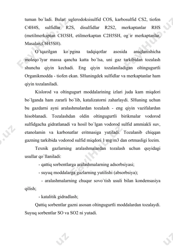 g stexiometrik tarkibini hosil qilishda texnologik kislorod va azot olish uchun havoni ajratish zaruriyati kerak bo`lmaydi. metanni konversiyalab vodorod olishda to`liqsiz oksidlanish jarayoni sodir bo`ladi: 1) ch4+0,5o2co+2h2 ∆h= -35,6 kj (13) ch4+2o2dco2+2h2o ∆h= -800 kj (14) 2) ch4+h2odco+3h2 ∆h= 206 kj (15) ch4+co2d2co+2h2 ∆h= 248 kj (16) kislod ishtirokida konversiyalashda, suv bug`i ishtirokida konversiyalashdek bosimni oshirish termodinamik jihatdan maqsadga muvofiq emas. birinchi bosqich reaksiyaning muvozanat konstanta qiymati shu darajada yuqoriki, bu reaksiyani amalda qaytmas bo`lishiga olib keladi. shu sababli gazlar aralashmasidagi kislorod aralashmasini stexiometrik nisbatdan ko`p bo`lishi mahsulot unumini ortishiga olib kelmaydi. kislorodli konversiyada bosimning ortishi suv bug`i konversiyasidagi kabi termodinamik jihatdan maqsadga muvofiq hisoblanmaydi. bunda yuqori bosimlarda metan konversiyasini yuqori darajaga etkazish uchun jarayonni yuqori haroratlarda olib borish zarur bo`ladi. metanni suv bug`ili va kislorodli konversiyalash jarayoni turli issiqlik effektlari bilan sodir bo`ladi. bug`li konversiya endotermik hisoblanib, qizdirishni talab qilsa; kislorodli konversiyalash reaksiyasi ekzotermik bo`lib, jarayonni nafaqat avtotermik tarzda …
