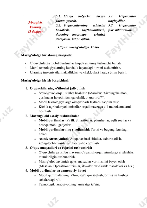 nima? 2. mobil qurulmalar tarixi va rivojlanishi. 3. mobil qurulmalarda foydalanishning avzalliklari va kamchiliklari. 1. mobil qurilmalar nima? mobil qurilmalar – bu foydalanuvchilar tomonidan harakatda bo‘lish davomida foydalanish uchun mo‘ljallangan portativ elektron qurilmalar bo‘lib, ular mustaqil quvvat manbaiga ega va ko‘plab funksiyalarni bajaradi. mobil qurilmalar odatda aloqa qilish, internetdan foydalanish, axborot almashish, o‘yin o‘ynash, rasmga olish va boshqa ko‘plab vazifalarni bajarish imkoniyatiga ega. mobil qurilmalar turlari mobil qurilmalar quyidagi asosiy turlarga bo‘linadi: 1. smartfonlar (aqlli telefonlar) · eng ko‘p tarqalgan mobil qurilmalar turiga kiradi. · asosiy imkoniyatlari: qo‘ng‘iroq qilish, sms yuborish, internetga ulanish, ilovalar ishlatish, gps navigatsiya. · mashhur smartfon brendlari: apple (iphone), samsung, xiaomi, huawei, google pixel. 2. planshetlar (tablet) · katta sensorli ekranga ega bo‘lgan mobil qurilmalar bo‘lib, smartfon va noutbuk o‘rtasidagi o‘rinni egallaydi. · ko‘proq ta’lim, dizayn va ko‘ngilochar sohalarda qo‘llaniladi. · mashhur brendlar: apple ipad, samsung galaxy tab, microsoft surface. 3. aqlli soatlar (smartwatch) · kichik …