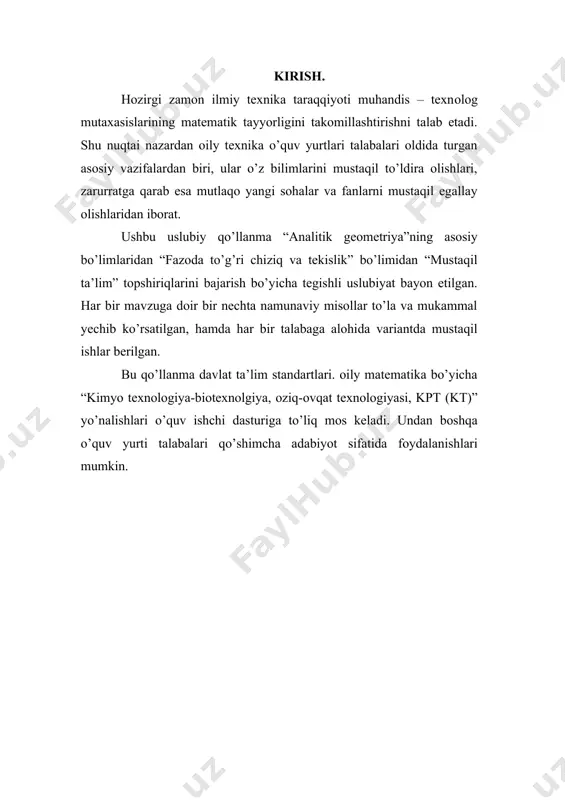 . tekislik va uning tenglamalari 1 – §. tekislikning normal tenglamasi fazoda ikki nuqta berilgan bo’lsin. bu nuqtalardan bir xil masofada turgan nuqtalar to’plami (nuqtalarning geometrik o’rni) tekislik deb qaraladi. aytaylik f sirt va unda yotuvchi r nuqta olaylik. r nuqta orqali ( tekislikni o’tkazamiz. sirt ustida r nuqtaga yaqin q nuqtani olamiz. quyidagi belgilashlarni kiritamiz: (=(q,()=h, ((q, р)=d. ta‘rif. agar q nuqta r nuqtaga intilganda h/d 0 ga intilsa( tekislikni f sirtning r nuqtasidagi urinma tekisligi deyiladi. teorema. xar qanday f silliq sirt o’zining xar bir nuqtasida urinma tekislikka ega bo’lib, u yagonadir. agar r=r(u,v) tenglama f sirtning silliq parametrlangan bo’lsa, r nuqtadagi urinma tekislik ru va rv vektorlarga // dir. isbot. faraz qilaylik ( tekislik f sirtning r nuqtasidagi urinma tekisligi bo’lsin. u xolda ta‘rifga asosan q(r da (h/d)(0 bo’ladi. agar n orqali ( tekislikning normal birlik vektorini belgilasak d=|r(u+(u, v+(v)-r(u,v)| ​h=|(r(u+(u, v+(v)-r(u,v))n| bo’ladi. bundan (h/d)= |(r(u+(u, v+(v)-r(u,v))n|/|r(u+(u, …