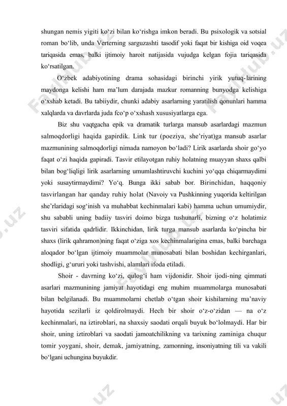 anadi. bu muammolarni chetlab o‘tgan shoir kishilarning ma’naviy hayotida sezilarli iz qoldirolmaydi. hech bir shoir o‘z-o‘zidan — na o‘z kechinmalari, na iztiroblari, na shaxsiy saodati orqali buyuk bo‘lolmaydi. har bir shoir, uning iztiroblari va saodati jamoatchilikning va tarixning zaminiga chuqur tomir yoygani, shoir, demak, jamiyatning, zamonning, insoniyatning tili va vakili bo‘lgani uchungina buyukdir. yozuvchi hatto o‘z zamonasidan uzoq o‘tmish materialiga murojaat etganida ham o‘z asarining mazmunini salmoqdor etishga uni zamondoshlar uchun muhim bo‘lgan ijtimoiy muammolar bilan bog‘lashgaintiladi. „o‘tgan kunlar" romanini misolga olaylik. otabek va kumush muhabbati tarixini ham ikki og‘iz so‘z bilan ifodalash mumkin: ota-ona orzusi bilan uylanish natijasida °lr~birlaridan fojiali ravishda judo bo‘lgan qiz va yigit sarguzashti harq xalqlari hayotida har kuni takrorlanib turgan hodisa edi. bu "odisa kishilar ongiga shunchalik o‘rnashib ketgan ediki, ko‘pchilikning g‘ayriinsoniy va odamlar uchun falokatli odat ekanini sezmas edi; bu hodisa maishiy va axloqiy qoida qatoriga kirib ketgan millionlab kishilar ota-ona orzusi bilan oila …