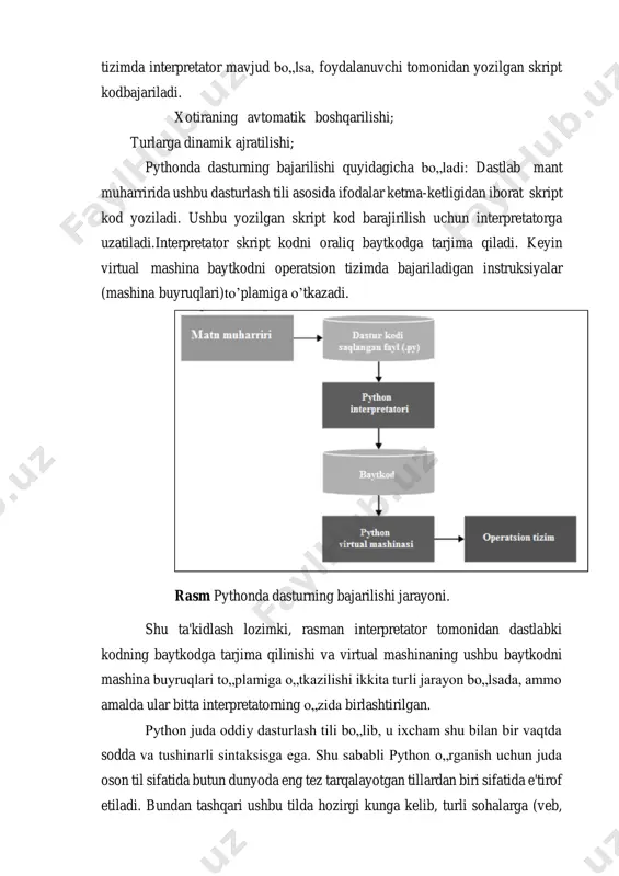 plamiga o’tkazadi. rasm pythonda dasturning bajarilishi jarayoni. shu ta'kidlash lozimki, rasman interpretator tomonidan dastlabki kodning baytkodga tarjima qilinishi va virtual mashinaning ushbu baytkodni mashina buyruqlari to„plamiga o„tkazilishi ikkita turli jarayon bo„lsada, ammo amalda ular bitta interpretatorning o„zida birlashtirilgan. python juda oddiy dasturlash tili bo„lib, u ixcham shu bilan bir vaqtda sodda va tushinarli sintaksisga ega. shu sababli python o„rganish uchun juda oson til sifatida butun dunyoda eng tez tarqalayotgan tillardan biri sifatida e'tirof etiladi. bundan tashqari ushbu tilda hozirgi kunga kelib, turli sohalarga (veb, o„yin, mul'timediya, ilmiy tadqiqot) mo„ljallangan katta hajmdagi kutbxonalar majmui yaratilgan bo„lib, uning tobora mashhurlashib borishiga sabab bo„lmoqda. pythonni o‘rnatish. pythonda dastur tuzish uchun interpretator kerak bo„ladi. uni kompyuteringizdagi o„rnatilgan operasion tizim turiga mos ravishda https://www.python.org rasmiy saytidan kerakli versiyasini tushirib olishingiz mumkin. pythonda dastur kodini yozish python tilida dastur instruktsiyalar to’plamidan tashkil topgan bo’lib, har bir instruktsiya alohida qatorda joylashgan bo’lishi kerak bo’ladi. masalan: 1 2 …