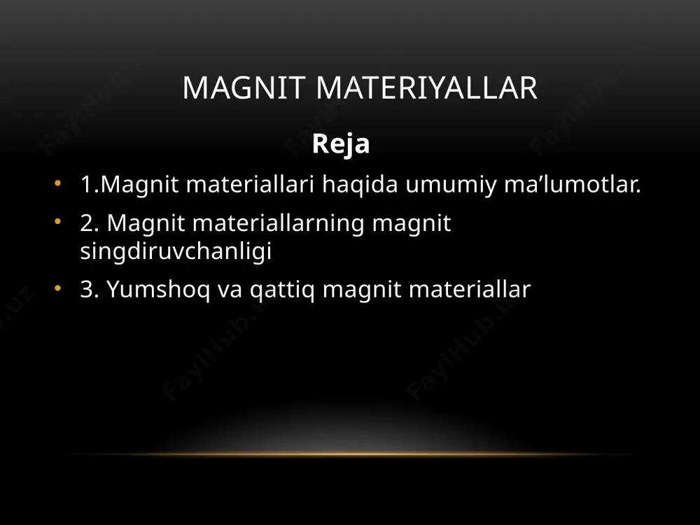 ki magnit oqimining keskin oshishiga olib keladi. 3. yumshoq va qattiq magnit materiallar. magnit materiallar yumshoq va qattiq turlarga bo’linadi. yumshoq magnit materiallardan magnitli o’tkazgichlar tayyorlanadi. bu materiallarning magnit singdiruvchanligining boshlang’ich qiymati katta bo’lishi kerak. bu materiallarga soft emir, temirning kremniy, nikel va kobalt bilan qotshimalarini misol tariqasida keltirish mumkin. texnik soft emir. (qo’shimchalari 0,1%) oddiy pechlarda olinadi. bu temir o’zgaruvchan tok zanjirida ishlatiladigan elektr magniti yoki rele uchun o’zaklar tayyorlashda ishlatiladi. ular varaq yoki tsilindr shaklda yupqa (0,2-4mm) qilib tayyorlanadi. o’zgarmas tokda ishlaydigan elektr mashinasida qo’llaniladigan temir tarkibida c, si, mn kabi qo’shimchalarning miqdori 1,2-1,5% gacha, kam legirlangan po’lat tarkibida esa c, ni, cr larning miqdori 2,5-5% gacha bo’ladi. bu materiallarda mexanik mustahkamlik o’sishi bilan bir qatorda, magnitlanish xususiyati birmuncha yomonlashadi. qattiq magnit materiallar tarkibi, holati va olinish ussulariga ko’ra quyidagicha tasinflanadi: 1) legirlangan martensit po’latlari; 2) quyma qattiq magnit qotishmalari; 3) kukunlardan tayyorlangan magnit; 4) qattiq magnitli ferritlar; …