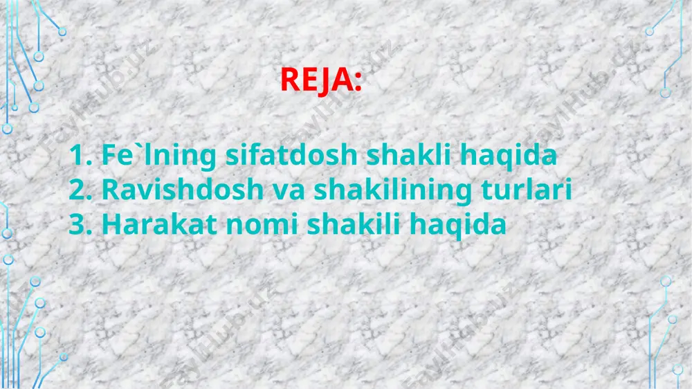 tning har yeridan sen tanimagan (tanimaydigan) odamlardan har xil xatlar, g’alati-g’alati sovg’a kelib turadi (a.qahhor). ravishdosh ish-harakat belgisini bildirgan, uning qay holatda, qachon va nima maqsadda bajarilishini anglatadigan fe`l shakli ravishdosh deyiladi. ravishdoshlar fe`lga bog`lanadi va gapda asosan hol bo`lib keladi: sh payt chorbog`dan echki yetaklab dildor kirib keldi (said ahmad). ravishdoshlar quyidagi qo`shimchalar yordamida hosil bo`ladi: -a, -y: bora-bora unitdi, yig`lay- yig`lay charchadi. bo`lishsizi -ma qo`shimchasi bilan yasaladi: aytmay, bormay. -b, ib: so`rab ko`r, yig`lab yubordi. bo`lishsizi –may (-mayin) qo`shimchasi bilan yasaladi:so`ramay kirdi, gapiray o`tirdi. qanotini qush qoqmayin, uyg`onar el polvonlari (mirtemir). -gach, -kach, -qach: kelgach, kechikkach, chiqqach. u kelmagach men borishga majbur bo`ldim. nutqda bunday ravishdoshlar o`rnida kelgandan keyin, chiqqandan keyin tipidagi shakllar qo`llaniladi. -gani, -kani, -qani, -gali. maslahatlashgani keldi, ko’rgali keldi. ko’chat ekkani bordik. ko’chaga chiqqani payt poylaredi. bu qo’shimcha bilan yasalgan ravishdoshlar maqsad ma'nosini ifodalaydi. gapda uchun ko’makchisiga sinonim bo’ladi. o’qigani keldi – o’qish uchun keldi. …