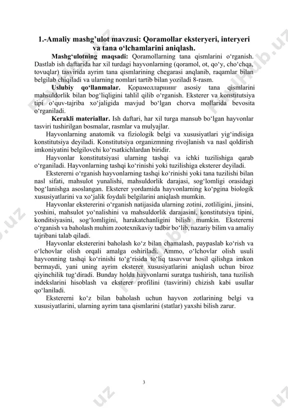 lar ko‘p uchraydi. go‘sht tipidagimollar semirishga moyil bo‘lib tanasida yog‘ to‘planishi bilan ajralib turadi (4-rasm). ular hazm qilgan oziqalarning ko‘p miqdori yog‘ga aylanib, teri ostida, muskullar orasida va ichki organlar atrofida to‘planadi. 4-rasm. go‘sht tipidagi qoramollarning tana shakli (to‘rtburchak shaklda) go‘sht tipidagi hayvonlarda muskul to‘qimalari kuchli rivojlangan bo‘lib, oziqlanish bilan bevosita bog‘liq bo‘lgan organlari, yurak va o‘pka, sut bezlari birmuncha past rivojlangan bo‘ladi. go‘sht tipidagi hayvonlar, qozoqi oq bosh, qolmoq, gereford, santa gertruda, aberdin anguss zotlarda ko‘p uchraydi. 8-rasm. sut yo‘nalishidagi sigirlarning tana qismlari (statlari) 1- ensa do‘ngligi; 2-manglayi; 3-burni va tumshug‘i; 4-yonog‘i; 5-pastki jag‘; 6-bo‘yni; 7- bo‘yin yoli; 8-tomog‘i; 9-o‘mrovi; 10-to‘shi; 11- yag‘rini; 12- elkasi; 13- elka kurak bo‘g‘ini; 14-tirsagi; 15-tirsak osti; 16-bilakuzuk; 17-kaft; 18-baqay; 19-tuyoq; 20-tuyoqcha; 21-qovurg‘a; 22-orqa; 23-bel; 24-biqin; 25-sut quduqlari; 26-sut venalari; 27-kindik; 28-elin; elin zapasi; 29-elin zapasi; 30-yonbosh cho‘qqilari; 31-dumg‘aza; 32-o‘tirg‘ich do‘ngligi; 33-son; 34-tizza kosasi 35g‘sakrash bo‘g‘ini; 36-dumi. 9-rasm. go‘sht yunalishidagi navvosning tana qismlari 1-burni; …