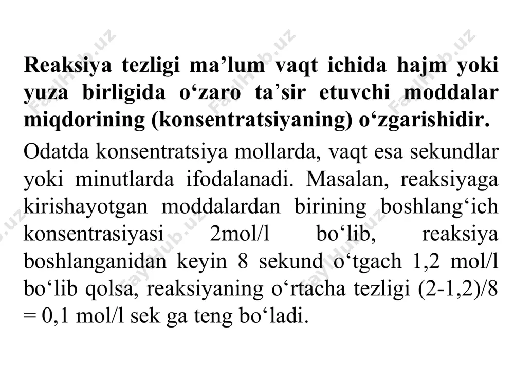 iyaning tezligi aktivlanish energiyasiga teskari proposionaldir. bu nazariyaga asosan reaksiyaning tezligi, ikki xil xarakterlanadi: 1.aktiv molekulalar sonini oshirish uchun harorat ko‘tariladi.2.aktivlanish energiyasini kamaytirish yo‘li bilan reaksiya tezligi o‘zgartiriladi. reaksiya tezligini o‘zgartirib, reaksiya mahsulotlari tarkibiga kirmaydigan moddalar katalizatorlar deyiladi. reaksiya tezligining katalizator ta’sirida o‘zgarishi kataliz hodisasi deyiladi. kataliz ikki xil: gomogen va geterogen katalizga bo‘linadi. agar katalizator hamda reaksiyaga kirishuvchi moddalar bir fazada bo‘lsa, bu gomogen kataliz deyiladi. geterogen katalizda reaksiyaga kirishuvchi moddalar va katalizator har xil fazada bo‘ladi. geterogen katalizda katalizator ko‘pincha qattiq modda bo‘ladi. geterogen katalizga vodorod va kislorodning pt katalizatori orqali oksidlanishi misol bo‘la oladi: o2 +2 h2 =2 h2o 5.4. kimyoviy muvozanat doimiysi gomogen tizim bir fazada, geterogen tizim esa ikki yoki undan ortiq fazalardan tuzilgan bo‘ladi. kimyoviy reaksiyalarning ko‘pi oxirigacha boradi. masalan, bertole tuzi qizdirilganda kaliy xlorid tuziga va kislorodga parchalanadi:2kclo3=2kcl + 3o2 lekin shu sharoitda kaliy xlorid tuz bilan kislorod birikib, qaytadan bertole tuzini hosil …