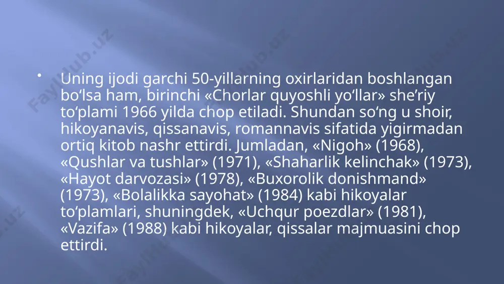 loni» (1976), yolgʻiz moʻysafid ruhiy iztiroblari aks ettirilgan «kuyov» (1986) singari sahna asarlari adibning katta ijodiy imkoniyatlaridan dalolatdir. said ahmad 2007 yilning 5 dekabr kuni 87 yoshida vafot etdi[1]. adabiyotlar[tahrir] mirvaliev s. oʻzbek adiblari. -t.: «yozuvchi», 2000. karimov n.va boshqalar 20 asr oʻzbek adabiyoti tarixi.-t.: «oʻqituvchi», 1999. q. yoʻldoshev va boshqalar adabiyot (6-sinf). -t.: «oʻqituvchi», 2000 mustahkamlash uchun savollar omon muxtorning hikoyalar to’plami qaysilar? omon muxtor yana qanday janrlarda ijod qilgan? omn muxtorning romanlari qaysilar? said ahmad qachon va qayerda tug’ilgan? said ahmad qanday unvonlarni olgan? said ahmadning qanday asarlari bor? ulug’bek hamdam qachon tug’ilgan? ulug’bek hamdamning qanday asarlari nashr etilgan? barakalla uyga vazifa: o’tilganlarni takrorlash presentation title subheading goes here e’tiboringiz uchun raxmat! image2.gif image3.jpeg image4.jpeg image5.wmf image6.jpeg image7.jpeg image8.jpeg image9.png image10.png image11.png image13.jpeg image14.gif image15.gif audio1.wav image12.gif image16.jpeg image17.jpeg image18.jpeg