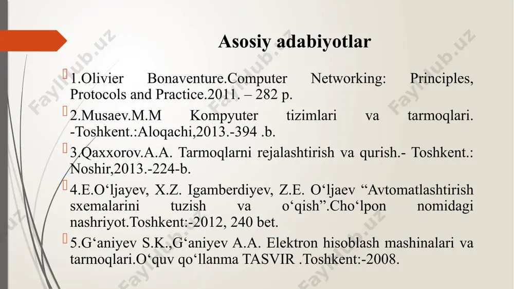 vchi tarmoqlarni tashkil etish muxim ahamiyatga ega. buni butun dunyo kompyuter tarmog‘i hisoblanmish internet misolida yaqqol ko‘rish mumkin.uzatish kanallari orqali o’zaro bog‘langan kompyuterlar majmuiga kompyuterlar tarmog’i deyiladi.bu tarmoq undan foydalanuvchilarni axborot almashuv vositasi va apparat, dastur xamda axborot tarmog‘i resurslaridan jamoa bo‘lib foydalanishni ta’minlaydi. tarmoqlar tasnifi global tarmoqlar butun dunyo bo‘yicha tarmoqdan foydalanuvchilarni qamrab oladi va ko‘pincha bir-biridan 10-15 ming km uzoqlikdagi kompyuter va aloqa tarmoqlari uzellarini birlashtiruvchi aloqa tarmog‘i hisoblanadi. mintaqaviy tarmoqlar uncha katta bo‘lmagan mamlakat shaharlari, viloyatlaridagi foydalanuvchilarni birlashtiradi.aloqa kanallari sifatida ko‘pincha telefon tarmoqlaridan foydalaniladi.tarmoq uzellari orasidagi masofa 10-1000 kmni tashkil etadi. lokal tarmoqlari bir korxona, muassasaning bir yoki bir qancha yaqin binolaridagi abonentlarni bog‘laydi.lokal tarmoqlar juda keng tarqalgan, chunki 80-90% axborot o‘sha tarmoq atrofida aylanib yuradi. lokal tarmoqlari xar qanday tizilmaga ega bo‘lishi mumkin. lekin lokal tarmoqlardagi kompyuterlar yuqori tezlikka ega yagona axborot uzatish kanali bilan bog‘langan bo‘ladi. barcha kompyuterlar uchun yagona tezkor axborot uzatish kanalining bo‘lishi …