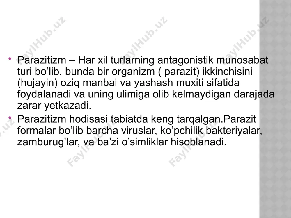 totsitlar aniqlanadi. 21 parazit: toxoplasma gondii kasallik: toksoplazmoz geografik tarqalishi: hamma yerda morfologiyasi: 4 shaklda: 1) psevdotsistalar; 2) endozoitlar; 3) sistalar; 4) ootsistalar 22 sista, ootsista va endozoitlar toxoplasma gondii 23 24 odam jigaridagi toxoplasma gondi 25 o’pka yurak 26 52% iii 17% ii 4% i zararlanish xavfi homiladorlik davri homiladorlikning turli muddatlarida homilani toksoplazmoz bilan zararlanishi havfi homiladorlik muddati oshishi bilan homilaning zararlanishi xavfi oshadi 27 tugʼma toksoplazmozning klinik koʼrinishlari: gidrotsefaliya, mikrotsefaliya, xorioretinit, gepatosplenomegaliya, toshmalar 28 morfologiyasi: vegetativ shakli, 15-40 mkm uzunlikda, harakatchan, egilgan ikki uchi ingichkalangan bir xivchinli, undulirlangan membranali 29 trypanosoma brucei gambiense odam qonida (x5500 marta kattalashganligi)) 30 se-se pashshasi (glossina palpalis) – trypanosoma brucei gambiense spetsifik tashuvchisi 31 kasallik: аmerika triponosomozi yoki shagas kasalligi geografik tarqalashi: janubiy va markaziy аmerika morfologiya: 1 ) tripanosomal shakllari (xivchinli) 15-20 mkm qonda uchraydi va leyshmaniya shakllari (xivchinsiz) 2,5-6,5 mkm toʼqimalarda uchraydi. zararlanish yoʼllari: 1 ) triatom qandalasining chaqishi …