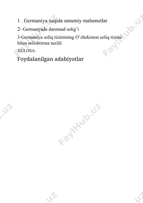 lliy soliqlarga bo‘linadi. byudjet xo‘jaligini mustaqil yuritish tamoyillari umumdavlat va yerlarning manfaatlarni ko‘zlagan holda olib borildi. natijada hozirgi kun germaniya respublikasi soliq tizimida 40 soliq mavjud: � ish haqidan olgan daromad solig‘i; � qqs; � kosibchilik solig‘i; � qat’iy daromad solig‘i; � korporatsiyalar solig‘i; � tabiiy neftga soliq; � tamaki mahsulotlarga soliq; � cherkov solig‘i; � yer solig‘i; � avtotransport vositalariga soliq; � bojxona boji; � yer maydonini sotib olishdan olgan soliq; � meros solig‘i; � kofe; � pivo; veksel; � g‘ng‘in xavfsizligini ta’minlash solig‘i; � kuchuklar; � shakarga; � choyga; � to‘z; � g‘ritg‘ich asboblarini muhofaza qilish solig‘i; � ovchilik, baliq tutish solig‘i; � litsenziya solig‘i; germaniyada soliqlar federatsiya, yer, qo‘shma (federal va yerlar bilan birgalikda), munitsipal, jamoa, cherkov soliqlariga bo‘linadi: 1. federal soliqlar quyidagi soliqlardan iborat: � spirt, spirt mahsulotlariga soliq; � boj yig‘imlari; � kapitalning xarajatiga soliq; � sug‘urta solig‘i; � veksel solig‘i; � iste’mol mahsulotlariga soliq; …