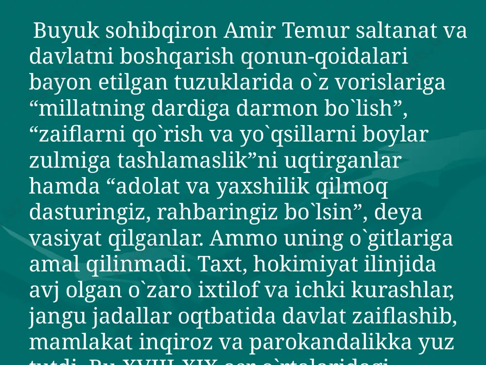 rksevar kuchlar turkistonda chuqur ildizga egaligi va ular fursati kelganda yana ko`tarilishi mumkinligini sezdirdi va oqibatda bu voqeadan keyin shunday katta kuchga ega bo`lgan chorizm ham talvasaga va xavotirga tushib qoldi. shuning o`zi ma`naviy g`alaba edi. madaniy hayot. zabt etilgan o`lka moddiygina emas, madaniy jihatdan ham talon-taroj qilindi, muqaddas tariximizdan abadiy xotira va esdalik bo`lib qoluvchi amir temur bobomizning taxtlariyu, anjom-aslohalarigacha tashib ketildi, ulug` obidalar yo`q qilindi. bular hali hammasi emas. shu davrning yirik tadqiqotchisi va bilimdoni professor begali qosimov “millatning eng qimmatli boyligi - nodir qo`lyozmalar, kitoblar”ga ham changal solinganini aniq faktlar asosida shunday keltiradilar: “1868 yili samarqand zabt etilganida general abramov dunyoga mashhur usmon qur`onini sankt-peterburgga jo`natdi. general kaufman topshirig`iga ko`ra sharqshunos a.l. kun xiva saroyidan 300 nodir qo`lyozmani olib ketdi. n. xanikov buxorodan 166 sara asarni, v.l vyatkin samarqaddan 190 kitobni shu maqsadlarda yiqqan edi” . kulgan boshqalardir, yig`lagan menman, o`ynagan boshqalar, ingragan menman erk ertaklarini eshitgan …