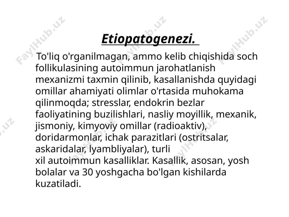 soch o'sishi uchun har 1-2 oyda takrorlanishi mumkin. steroidlar loson, ko'pik, shuningdek malham sifatida sotiladi. ushbu steroid davolash alopesia universalis bilan og'rigan bemorlarda samarasiz bo'lib qolishini mumkin. difenilsiklopropenon (dpcp) — bu immunoterapiya usulida ishlatiladigan kimyoviy moddadir, asosan soch to'kilishi bilan bog'liq bo'lgan alopecia areata (sochning to'liq yoki qisman yo'qolishi) holatlarini davolashda qo'llaniladi. dpcp qanday ishlaydi? dpcp, immun tizimining faoliyatini o'zgartiradigan va soch follikulalariga zarar yetkazgan immun javobni kamaytiradigan moddadir. alopecia areata - bu kasallikda, immun tizimi o'zining soch follikulalariga hujum qiladi, natijada sochlar to'kiladi. dpcp teriga qo'llanganda, immun tizimi "yangi tahdid" sifatida qabul qiladi va soch follikulalariga nisbatan hujum qilishni boshlaydi, bu esa soch o'sishining qayta tiklanishiga olib keladi. dpcp qanday qo'llanadi? teriga surtish: dpcp, odatda, har haftada bir marta teriga to'g'ridan-to'g'ri qo'llaniladi. bu jarayon, bemorning holatiga qarab, bir necha oy davom etishi mumkin. immun javobini qo'zg'atish: dpcp, ba'zan, terida engil allergik reaktsiyalarni keltirib chiqaradi, bu esa yangi sochlarning o'sishiga …