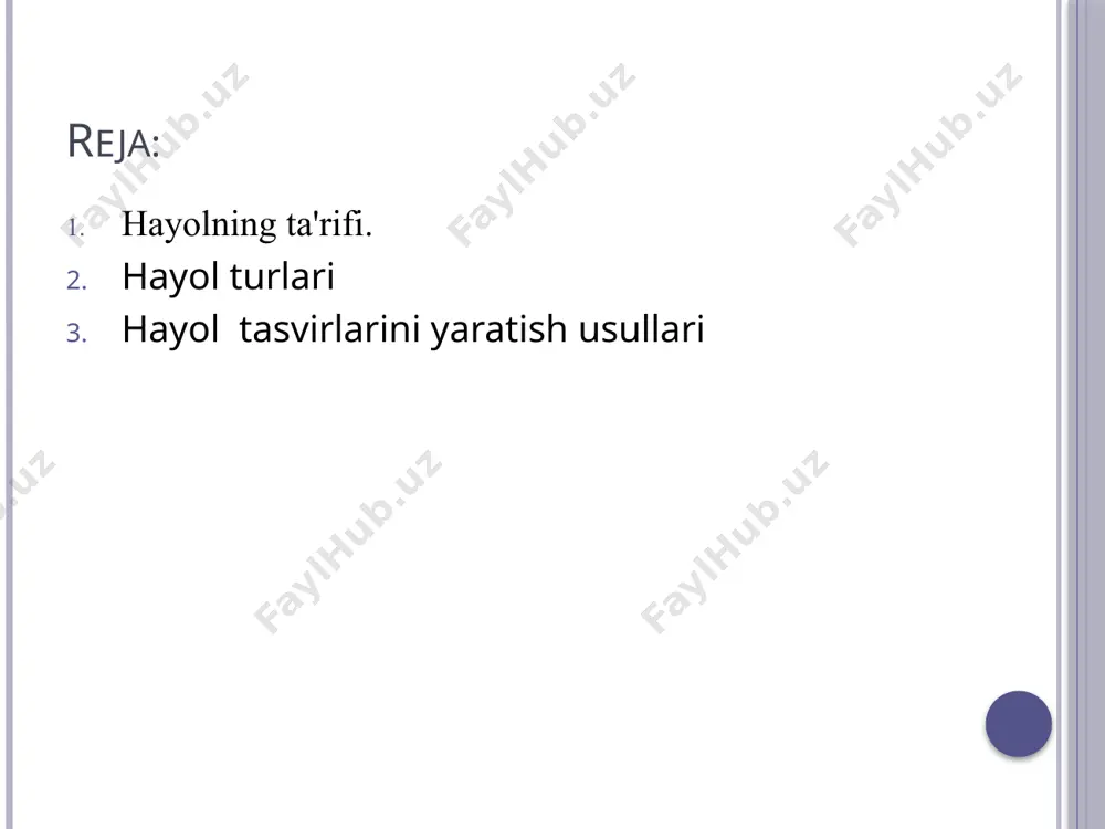 obrazda ijodiy o'zgargan reproduktiv hayol - vazifa haqiqatni qanday bo'lsa, shunday qilib ko'rsatishdir va bu erda fantaziya elementi ham mavjud bo'lsa-da, bunday hayol ijodkorlikdan ko'ra ko'proq idrok yoki xotirani eslatadi. agar ixtiyoriy yoki faol hayol qasddan bo'lsa, ya'ni. shaxsning ixtiyoriy namoyon bo'lishi bilan bog'liq bo'lsa, unda passiv hayol qasddan va qasddan bo'lishi mumkin. qasddan passiv hayol iroda bilan bog'liq bo'lmagan tasvirlarni yaratadi. ushbu tasvirlar orzular deb ataladi . tushlarda hayol va shaxsning ehtiyojlari o'rtasidagi bog'liqlik eng aniq namoyon bo'ladi. insonning ruhiy hayotida orzularning ustunligi uni haqiqatdan ajralishga, xayoliy dunyoga chekinishga olib kelishi mumkin, bu esa, o'z navbatida, bu shaxsning aqliy va ijtimoiy rivojlanishiga to'sqinlik qila boshlaydi. qasddan bo'lmagan passiv hayol ong faoliyati zaiflashganda, uning buzilishlari yarim uyqu holatida, uyquda va hokazolarda kuzatiladi. passiv hayolning eng muhim namoyon bo'lishi gallyutsinatsiyalar bo'lib , unda odam mavjud bo'lmagan narsalarni idrok qiladi. hayol turlarini tasniflashda ular ikkita asosiy xususiyatga asoslanadi : bu ixtiyoriy harakatlarning …
