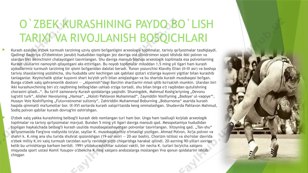 mamlakatlar chempionatlari hamda birinchshtiklari, oʻzbekistonda attermiziy, pahlavon mahmud xotirasiga bagʻishlangan va boshqa koʻplab xalqaro musobaqalar muntazam oʻtkaziladi. hozirgi vaqtda oʻzbekistonda 22 ta olimpiada oʻrinbosarlari maktabi, 37 ta bolalaroʻsmirlar sport maktabi va 206 ta k. maktabida sportning bu turi boʻyicha oʻquvchilarga tahsil beriladi. oliy oʻquv yurtlarida 100 dan ortiq k. toʻgaraklari faoliyat koʻrsatadi. kurashchilar bilan 851 vafar murabbiy shugʻullanadi (2003). osiyo olimpiya kengashi 2003-yilda k.ning bu turini osiyo oʻyinlari dasturiga kiritdi. k. boʻyicha oʻtkazilidigan jahon chempionatlarida bahrom anazov, isoq axmedov, maxtumquli mahmudov, kamol murodov, toshtemir muhammadiyev, akobir qurbonov (oʻzbekiston), kubashxonim elknur, selim totar oʻgʻli (tur-kiya), aleksandr katsuragi, karlos xonorato (braziliya), pavel melananets (polsha), xiroyoshi kashimoto (yaponiya) va boshqa golib chikdilar va sovrindor boʻldilar. erkin kurash tarixi erkin kurash - (inglizcha: freestyle wrestling, fransuzcha: lutte libre) yakkakurash sport turlaridan biri. ikki sportchining bir nechta sport usullari orqali bajaradigan harakatlari orqali bahslashiladi. yunon-rum kurashidan farqli oʻlaroq bu sport turida sportchini oyoqlaridan ushlab usul …