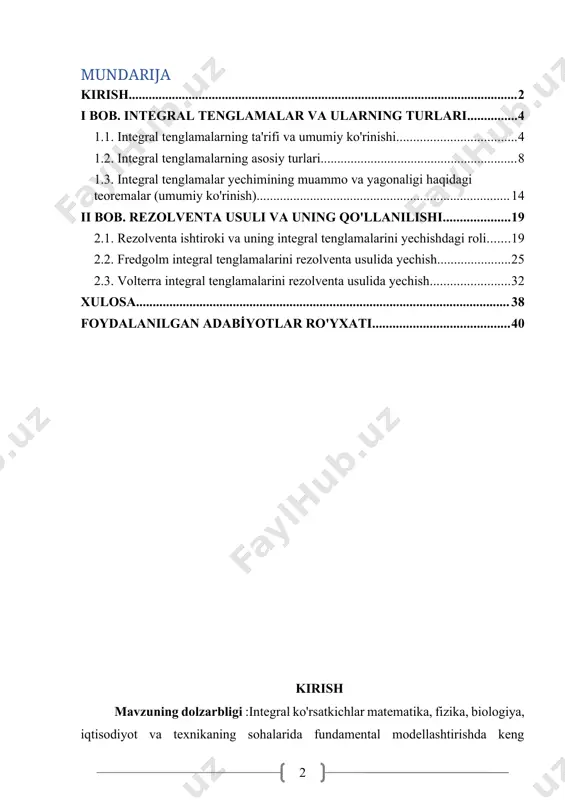 da yechishning asosiy va samarali usullaridan biri hisoblanadi. shu sabab, ushbu usulni o'rganish va tahlil qilish zamonaviy matematika va uning qo'llanilish sohalarida muhim muammoga ega. kurs ishining maqsadi: integral tenglamalarni rezolventa usuli yordamida yechishning nazariy asoslarini chuqur o'rganish, ushbu usulning fredgolm va volterra integral tenglamalarini yechishdagi qo'shimcha yordamni tahlil qilish va amaliy misollar yordamida ko'rsatish. kurs ishining vazifasi: 1.integral tenglamalarning umumiy turlari va tekshirish klassifikatsiyasini o'rganish. 2.rezolventa tushunchasining matematikani va uning integral tenglamalarini yechishdagi rolini baholash. 3.fredgolm integral tenglamalari uchun rezolventani qurish usullarini va yechim formulalarini o'rganish. 4.volterra integral tenglamalari uchun rezolventani topish usullarini va formulalarini o'rganish. 5.rezolventa usulidan, turli integral tenglamalarni misollar yechish bo'yicha amaliy narsalarni tahlil qilish va yechimini ko'rsatish mumkin. kurs ishining obyekti: integral tenglamalar nazariyasi. kurs ishining predmeti: integral tenglamalarni, fredgolm va volterra integral tenglamalarini rezolventa usuli yordamida algoritm yechish jarayonlari va usullari. kurs metodlari: ushbu kurs ishini tahlil qilishda fundamental matematik tahlil, funksionallik, differensial va …