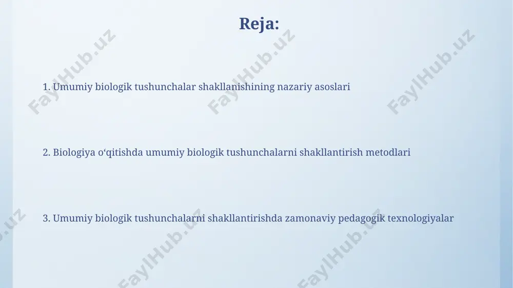 irish uchun mustaqil o'rganish va takrorlashga muhtoj; bu esa, ularning tafakkurini rivojlantirishga yordam beradi. tushunchalarni mustahkamlashda 2-3 ta turli xil o'quv usullarini (masalan, amaliy mashqlar, muammolarni yechish, guruhli ishlar) qo'llash bilim darajasini 30% ga oshirishi mumkin. interaktiv usullar va tushunchalarni shakllantirish interaktiv o'yinlar, masalan, "kim tezroq?" yoki "topishmoq", o'quvchilarning 3-5 ta asosiy biologik tushunchani mustahkamlashga yordam beradi va ularning faol ishtirokini ta'minlaydi. guruhlarda bajariluvchi loyihalar, masalan, ekosistema modeli yaratish (5-7 kishilik guruhlar), hamkorlikni rivojlantiradi va biologik xilma-xillik kabi keng tushunchalarni chuqurroq o'rganish imkonini beradi. biologik terminologiyaning o'rni to'g'ri biologik terminologiyani qo'llash, taxminan 70% ga yaqin biologik matnlarni tushunish va tahlil qilish imkoniyatini oshiradi, shuningdek, ilmiy muloqotni yaxshilaydi. biologiya darslarida 1000 dan ortiq asosiy terminlarni o'zlashtirish o'quvchilarning biologik tushunchalarni chuqur anglashini ta'minlaydi va ularning muammo yechish ko'nikmalarini rivojlantiradi. zamonaviy pedagogik texnologiyalar zamonaviy pedagogik texnologiyalar, masalan, interfaol o'qitish usullari, o'quvchilarning 80% faol ishtirokini ta'minlab, biologiya tushunchalarini mustahkamlashga yordam beradi. simulyatsiya va virtual …