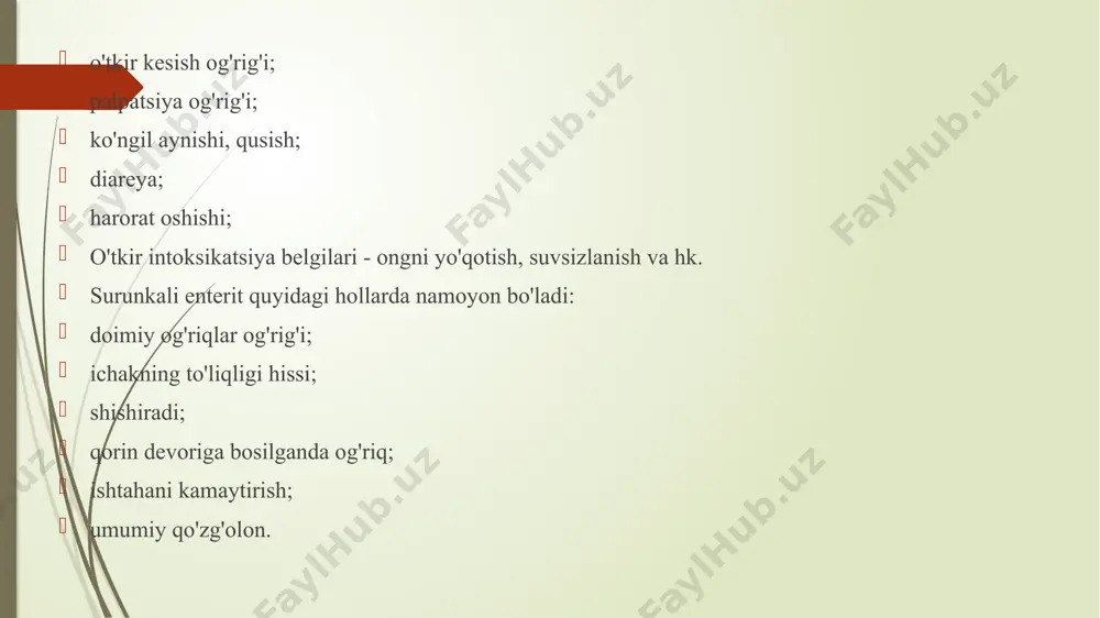 davrlarini boshdan kechirishi mumkin. bunday og'ishning dastlabki belgilaridan biri pastki qorindagi kramp og'rig'idir. muayyan davrdan keyin bemorda ichak harakati paytida qon ketishi mumkin. tualetga sayohat paytida qon odatda 300 ml gacha bo'lgan miqdorda chiqariladi. agar aagar odamda kuchayish davri bo'lsa, u holda u oqimga o'tishi mumkin, buning natijasida bemorning qon bosimi sezilarli darajada pasayadi. shu jumladan, yarali kolit bilan, yo'g'on ichakning kengayishi, teshilishning paydo bo'lishi va peritonit rivojlanishi mumkin. faqatgina tajribali mutaxassis kasallikning og'irligini aniqlay oladi va ushbu organni tekshirish paytida shilliq qavatdagi yaralarni aniqlay oladi (sigmoidoskopiya kabi protsedura bilan). spastik kolit belgilari ichak kasalliklarining bu shaklida bemorning axlati ancha zich bo'laklarga (qo'y najasi) o'xshab qolishi mumkin. bunday og'ishlarni istisno qilish uchun bemorga laboratoriya tekshiruvi uchun testlarni topshirish, shuningdek rentgen va sigmoidoskopiya muolajalarini o'tkazish tavsiya etiladi. yogʻon yoki ingichka ichakning yalligʻlanish kasalligini davolash to’g’ri ovqatlanish dori vositalari parxez antibiotik yoki antiparazitik preparatlarni image1.jpeg /docprops/thumbnail.jpeg