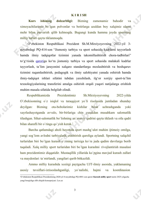 llarni o`rgatish texnikasi ishlab chiqish, kurashchilar yillik tayyorgarlik makrosiklining turli bosqichlarida trenirovka jarayonini optimallashtirishga imkon beradi. kurs ishining vazifalari. maqsad yuqori malakali kurashchilarni samarali tayyorlashga qaratilgan ilmiy-uslubiy shakllar hamda vositalar. -zamonaviy sport tayyorgarligi qonuniyatlari va tamoyillari. -trenirovka jarayonini boshqarish va sportchilar tayyorgarligini individuallashtirish yo`llari. - sport kurashi nazariyasi va uslubiyati. 1-bob kurashchilarini hakamlik faoliyatiga o’rgatish asoslari 1.2 shug’ullanuvchilarni kurash turidan hakamlik qilishga o’rgatishda jismoniy tarbiya uslublardan foydalanish irodaviy tayyorgarlik tuzilishida quyidagi maqsadga, ya`ni intiluvchanlik, qat`iylik, jasurlik, tirishqoqlik, musaqillik va tashabbuskorlik sifatlarini alohida ko`rsatish mumkin. bu irodaviy sifatlar maqsadga intiluvchanlik sifatining barcha tuzilishini birlashtiradi. irodaviy sifatlarning ichida mushak ishining shiddatli irodaviy qo`zg`alishiga ko`proq e`tibor berishi kerak. izlanishlar shuni ko`rsatayaptiki, qisqa vaqtli yuklanishlar, irodaviy sifatlarga, prinsip jihatdan har xil talablar qo`yadi. sportchi o`z oldiga qo`ygan vazifalarni tushinishi, trenerga ishonishi, sportning yuksak cho`qqilariga qiyinchiliklarsiz chiqish mumkin emasligini anglash, tayyorgarlik metodikasini yaxshi bilishi kerak.2 agarda oldinga qo`yilgan vazifalarni amalga oshirish mumkin bo`lmasa, sportchida ishonchsizlik …
