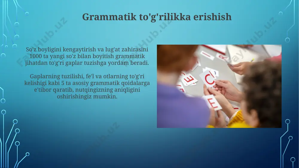 nlaydi. nutq madaniyatini shakllantirish nutq madaniyatini rivojlantirishda og'zaki va yozma nutq o'rtasidagi bog'liqlikni o'rnatish, ya'ni 3 ta asosiy nutq turi (hikoya qilish, bayon qilish, ta’riflash)ni o'zlashtirishga urg'u berish kerak. nutq madaniyatini shakllantirishda 5-7 yoshdagi bolalarda to'g'ri talaffuzni rivojlantirishga alohida e'tibor qaratish, fonetik mashqlar va o'yinlar orqali so'z boyligini kengaytirish muhim hisoblanadi. improvizatsiya qilish mahoratini rivojlantirish improvizatsiya qobiliyatini oshirishda, "yes, and..." texnikasini qoʻllash, bir nechta variantlarni tezda generatsiya qilish qobiliyatini 2-3 barobar oshiradi. spontan nutqni boyitish uchun, 20 ta sinonimlarni, 10 ta idiomatik ifodani oʻrganish va ularni kundalik muloqotga qoʻllash foydali. e'tiboringiz uchun rahmat @taqdimot_robot image3.jpg image4.jpg image5.jpg image6.jpg image7.jpg image8.jpg image9.jpg image10.jpg image11.jpg image12.jpg image13.jpg image14.jpg image15.jpg image16.jpg image17.jpg image18.jpg image19.jpg image2.png
