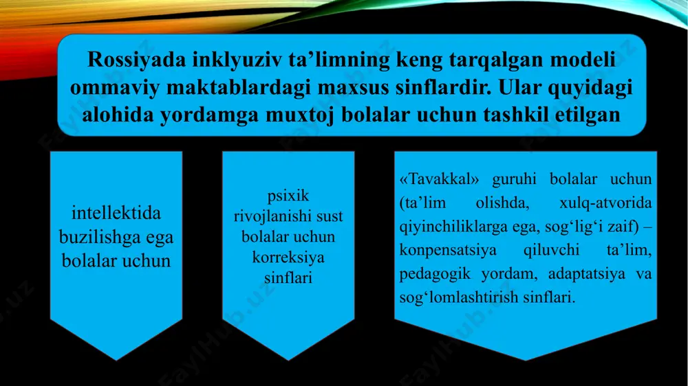 m vazirligi ta’lim va fan instituti alohida yordamga muhtoj bolalar uchun inklyuziv ta’lim samaradorligini aniklashni o‘z oldiga maqsad qilib qo‘ygan. alohida yordamga muhtoj bolalarga ta’lim berish tajribasi hisobotlari muhokama qilinib, trening materiallari paketi ishlab chiqilgan. ta’lim tuzilishi administratorlari, maktab direktorlarini tayyorlash bo‘yicha ikkita konferensiya o‘tkazilgan, qatnashchilar rayon, chekka qishloqlardagi maktablar faoliyati uchun reja ishlab chiqilgan. qirg‘izistonda inklyuziv ta’limni rivojlantirish tanlab olingan davlat maktablari va xususiy o‘quv muassasalarida olib boriladi. mutaxassislar guruhi ommaviy maktablarda ta’lim olish uchun imkoniyati cheklangan bolalarni tanlab oladi. ularning bazasida o‘qituvchilar, ota-onalar, mahalliy hokimiyat vakillari uchun uchta seminar, ta’lim vazirligi va mahalliy ta’lim departament vakillari uchun respublika miqyosidagi konferensiya ham o‘tkazilgan. qozog‘istonda 2003 yil «maxsus ehtiyojli bolalarni korreksion ijtimoiy va tibbiy-pedagogik qo‘llab-quvvatlash haqidagi» qonun qabul qilindi. bu qonun asosida maxsus ehtiyojli bolalarni umumta’lim muassasalarida ta’lim-tarbiya berish, korreksion pedagogik ish olib borish maqsadida reabilitatsion markazlar, psixologo-pedagogik korreksiya xonalari, maxsus maktab va maktabgacha ta’lim muassasalari qoshida qisqa muddatli guruhlar …