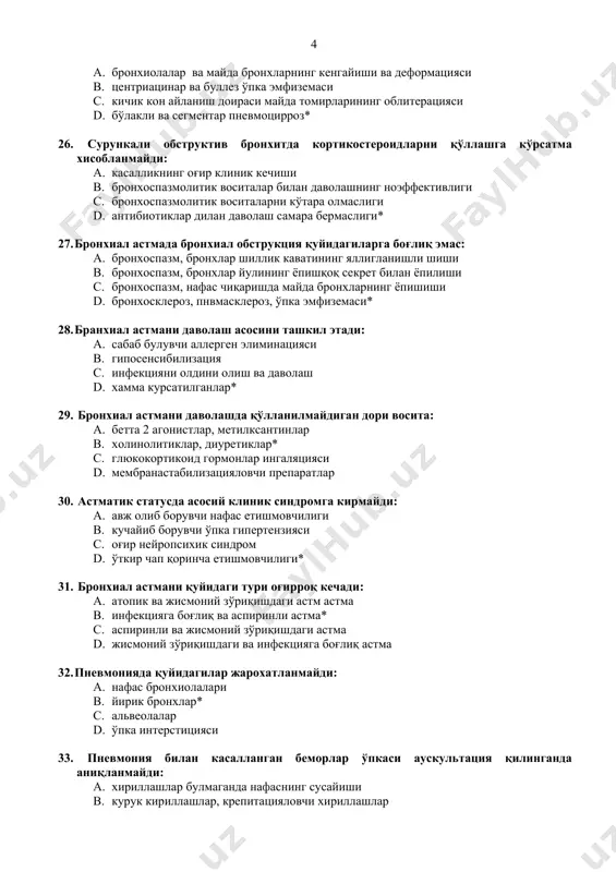 gi c. bronxospazmolitik vositalarni ko'tara olmasligi d. antibiotiklar dilan davolash samara bermasligi* 27. bronxial astmada bronxial obstruktsiya quyidagilarga bog'liq emas: a. bronxospazm, bronxlar shillik kavatining yalliglanishli shishi b. bronxospazm, bronxlar yulining yopishqoq sekret bilan yopilishi c. bronxospazm, nafas chiqarishda mayda bronxlarning yopishishi d. bronxoskleroz, pnvmaskleroz, o'pka emfizemasi* 28. branxial astmani davolash asosini tashkil etadi: a. sabab buluvchi allergen eliminatsiyasi b. giposensibilizatsiya c. infektsiyani oldini olish va davolash d. xamma kursatilganlar* 29. bronxial astmani davolashda qo'llanilmaydigan dori vosita: a. betta 2 agonistlar, metilksantinlar b. xolinolitiklar, diuretiklar* c. glyukokortikoid gormonlar ingalyatsiyasi d. membranastabilizatsiyalovchi preparatlar 30. astmatik statusda asosiy klinik sindromga kirmaydi: a. avj olib boruvchi nafas etishmovchiligi b. kuchayib boruvchi o'pka gipertenziyasi c. og'ir neyropsixik sindrom d. o'tkir chap qorincha etishmovchiligi* 31. bronxial astmani quyidagi turi og'irroq kechadi: a. atopik va jismoniy zo'riqishdagi astm astma b. infektsiyaga bog'liq va aspirinli astma* c. aspirinli va jismoniy zo'riqishdagi astma d. jismoniy zo'riqishdagi va infektsiyaga …
