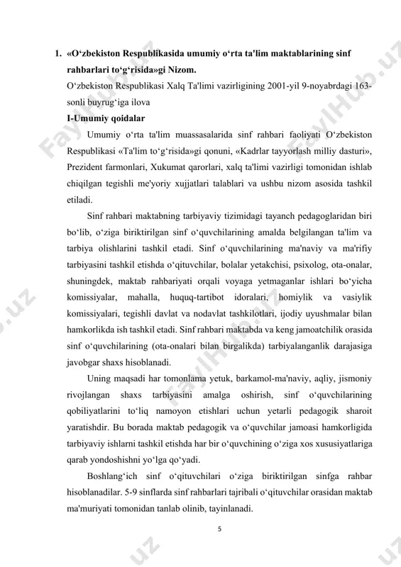 dan: · o‘quvchilarni milliy g‘oya va ma'naviyat asoslari ruhida tarbiyalash yo‘nalishida; · o‘quvchilarni vatanga, o‘zbekiston respublikasi prezidentiga muhabbat va fidoiylik, davlat ramzlariga sadoqat, milliy g‘oya ruhida tarbiyalash; · o‘quvchilar ongiga o‘zi tug‘ilib ulgaygan yurtiga, buyuk ajdodlarimiz merosi va xalqimizning bugungi bunyodkorlik ishlariga yuksak ehtirom tuyg‘ularini singdirish, yurtimizda bunyod etilayotgan inshootlarga, ma'rifat maskanlari bilan tanishtirib borish; · sinfda o‘quvchilarni milliy va umuminsoniy qadriyatlar ruhida tarbiyalash muhitini yaratish, tarbiya jarayoniga boy madaniy merosimiz, milliy odob-ahloq me'yorlarini tadbiq etish, mehnatga ijodiy munosabatni tarbiyalash; · o‘quvchilarni o‘zbek va boshqa xalqlarning madaniy, tarixiy, milliy an'analariga hurmat ruhida tarbiyalash; ii. ota-onalar va mahalla bilan hamkorlikda: · barkamol avlodni tarbiyalashda «mahalla, maktab va oila hamkorligi» konsepsiyasini hayotga tatbiq etish, aniq belgilangan reja asosida sinf ota-onalar majlislarini o‘tkazib borish; · o‘quvchilarni ijtimoiy himoya qilish bo‘yicha aniq chora-tadbirlar belgilash, jumladan, kam ta'minlangan oilalar farzandlari, ijtimoiy himoyaga muhtoj bolalar, ota-onasiz bolalarning, homiylik va vasiylikka berilgan voyaga yetmaganlarning ijtimoiy huquqlarini himoyalash; …